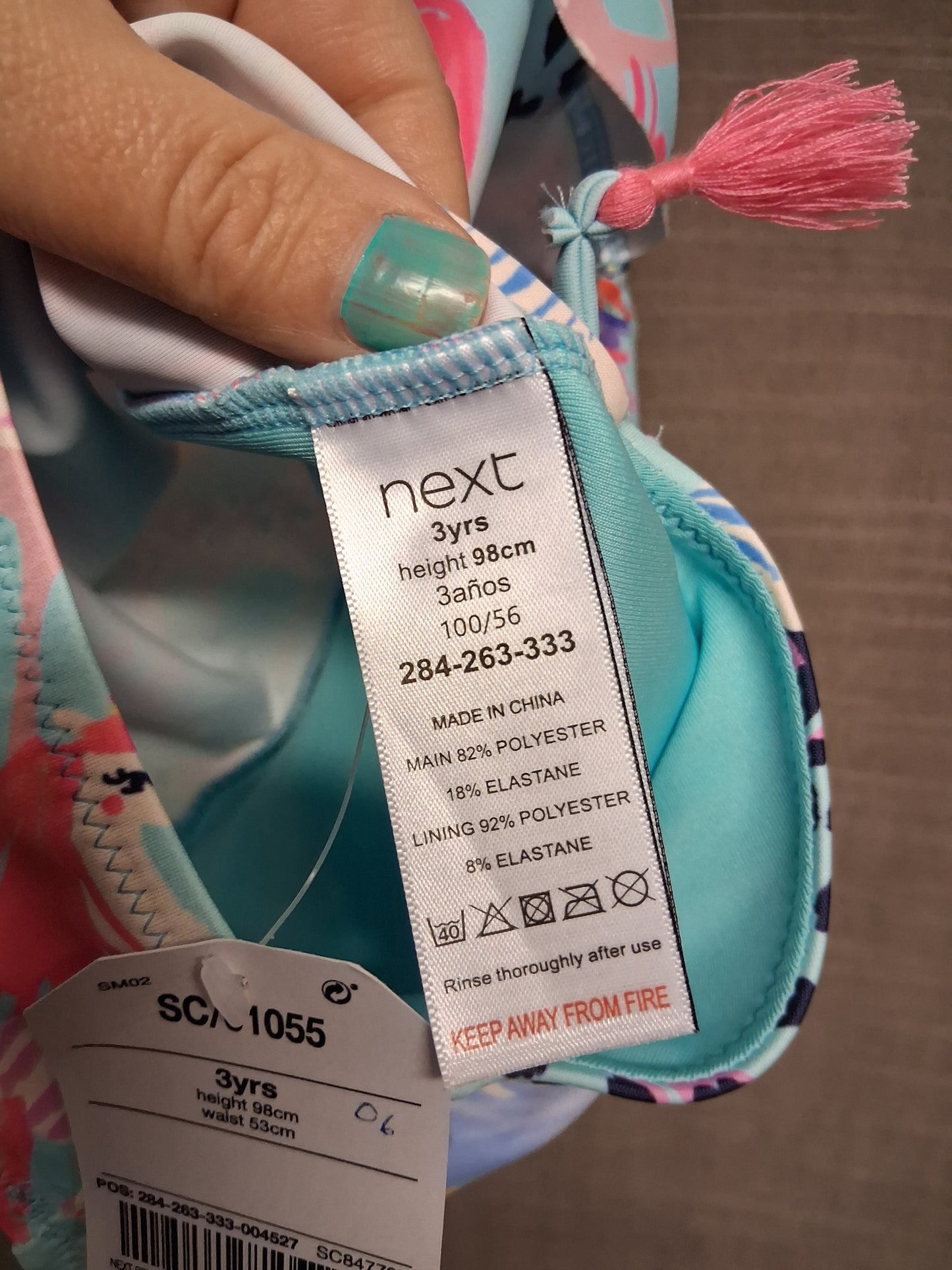 Next Girls Blue Pink Flamingo Tassle One Piece Swimsuit Age 3 Years