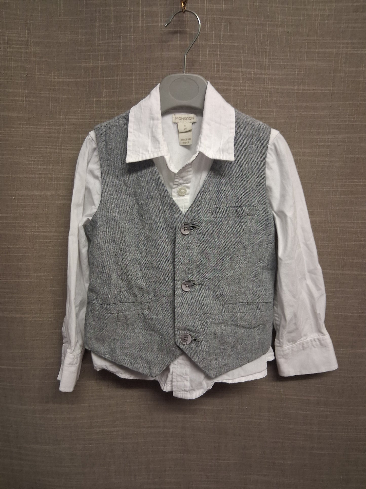 Monsoon Boys White Long Sleeve Shirt & Grey Waistcoat Age 4 Years