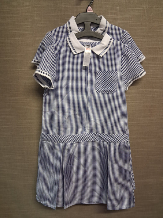 F&F Girls School Uniform Blue Gingham Dresses X2 Zip Front Age 8-9 Years New Without Tags