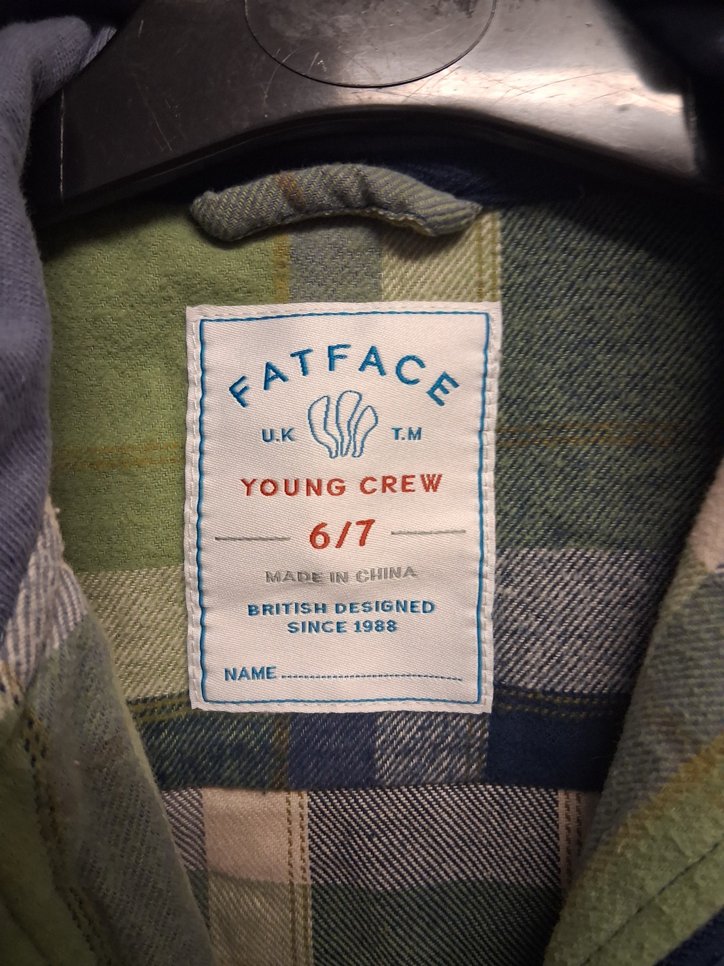 FatFace Shacket Green Blue Check Hooded Full Zip Cotton Age 6-7 Years