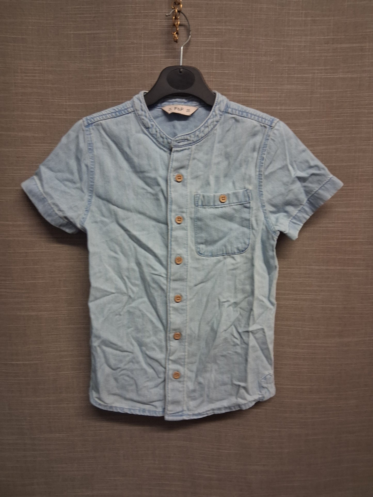 F&F Boys Blue Chambray Denim Grandad Collar Age 6-7 Years