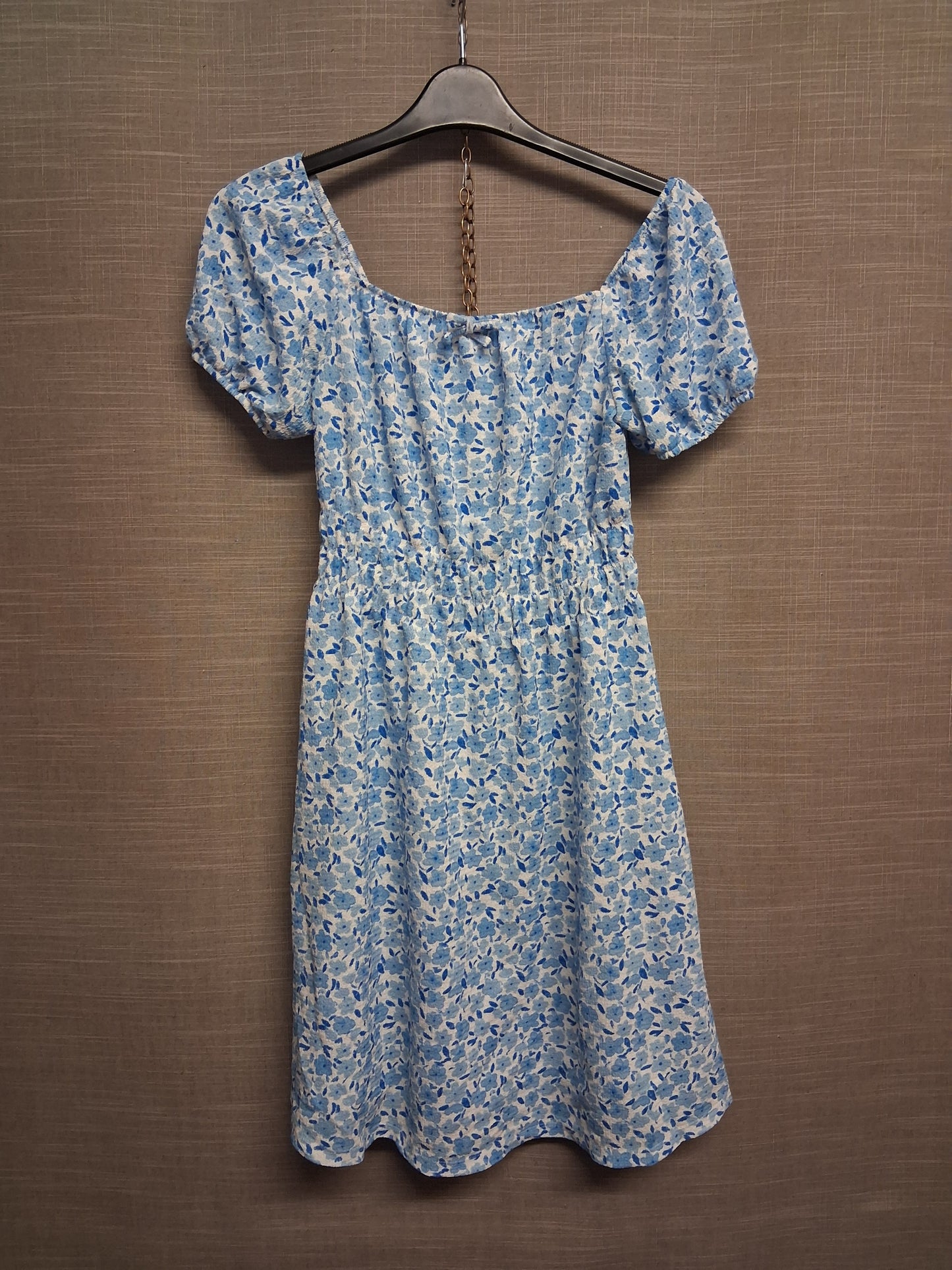 Primark Girls Blue White Floral A Line Dress Off the Shoulder Puff Sleeve Age 13-14 Years