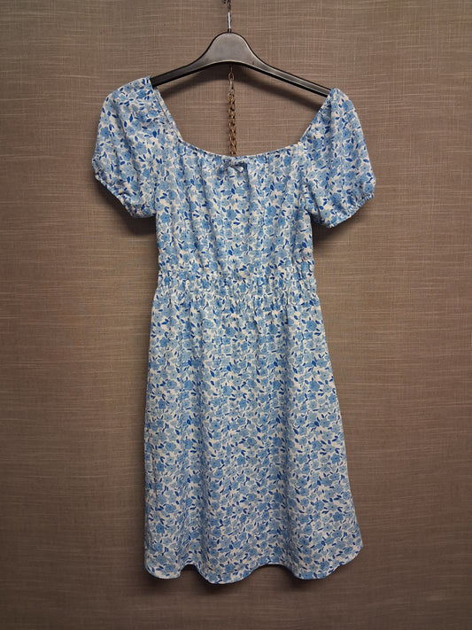Primark Girls Blue White Floral A Line Dress Off the Shoulder Puff Sleeve Age 13-14 Years