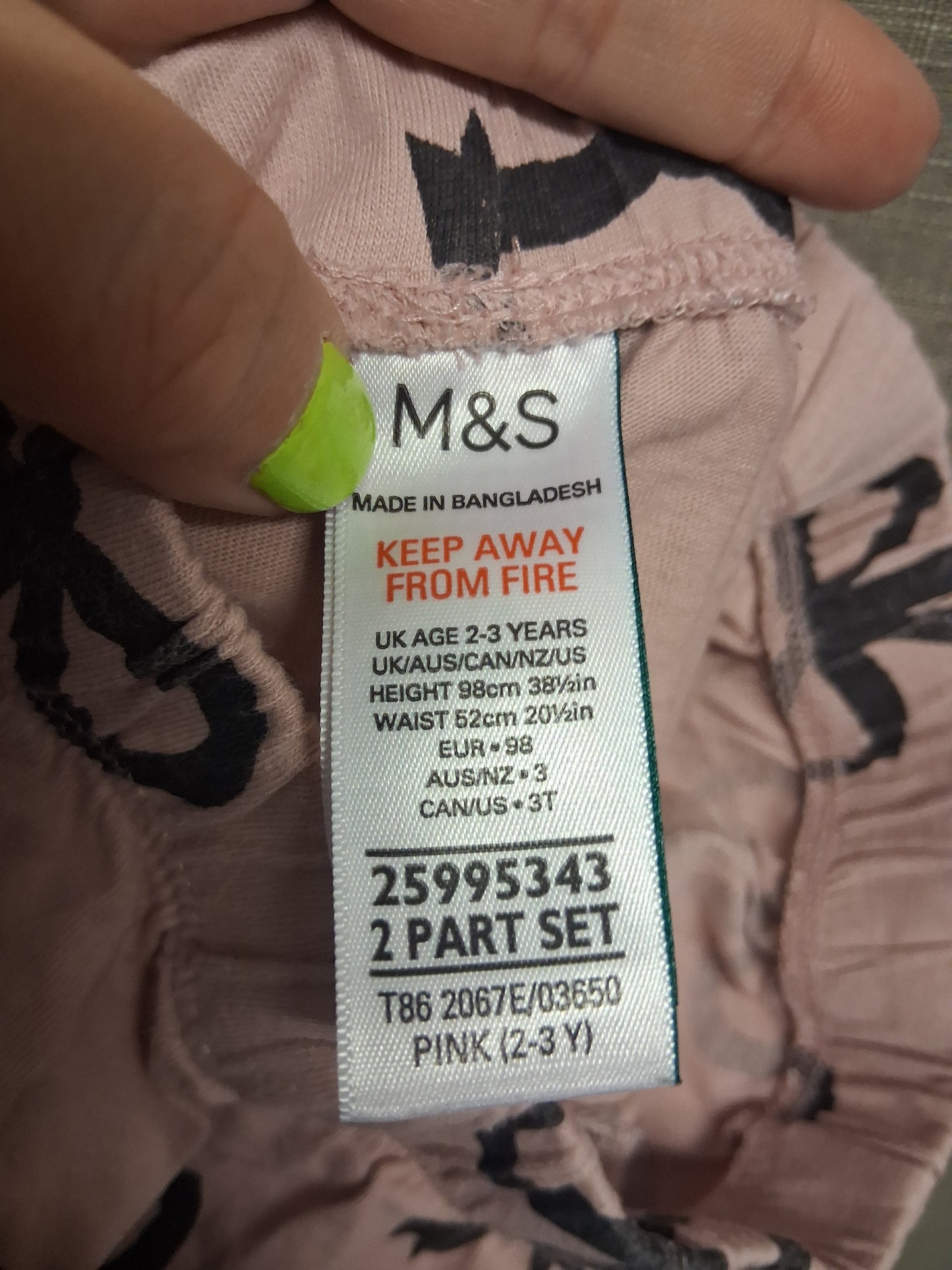 Marks & Spencer Girls Pink Bow Pyjamas PJs 2 Piece Set Age 2-3 Years