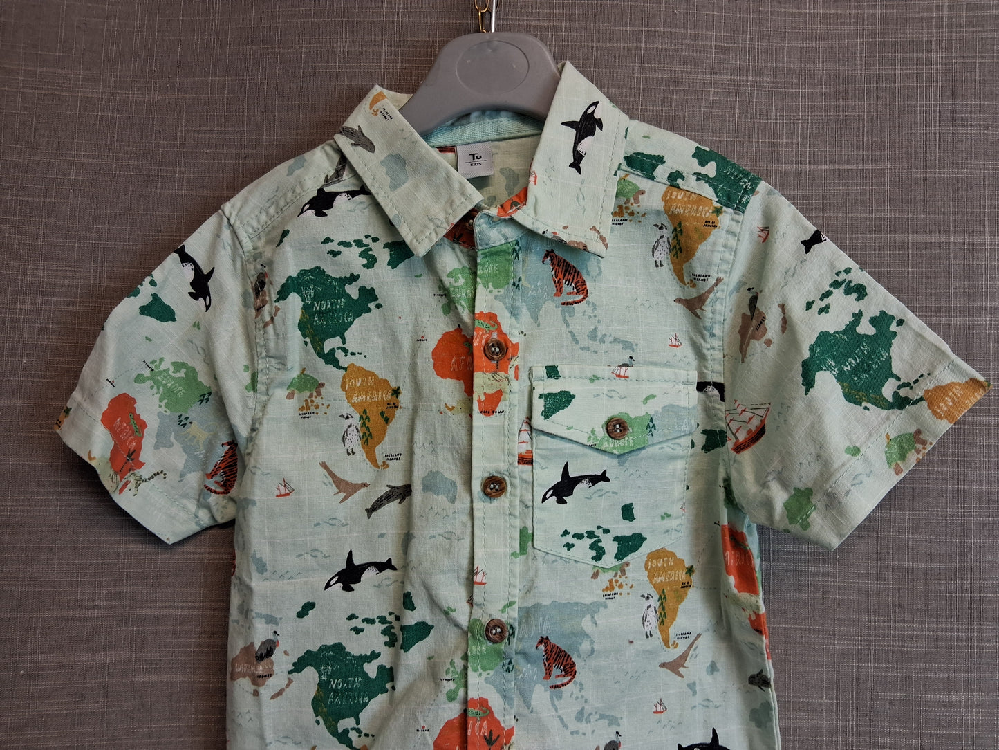 TU Boys Short Sleeve Shirt Green Map of the World Age 5-6 Years