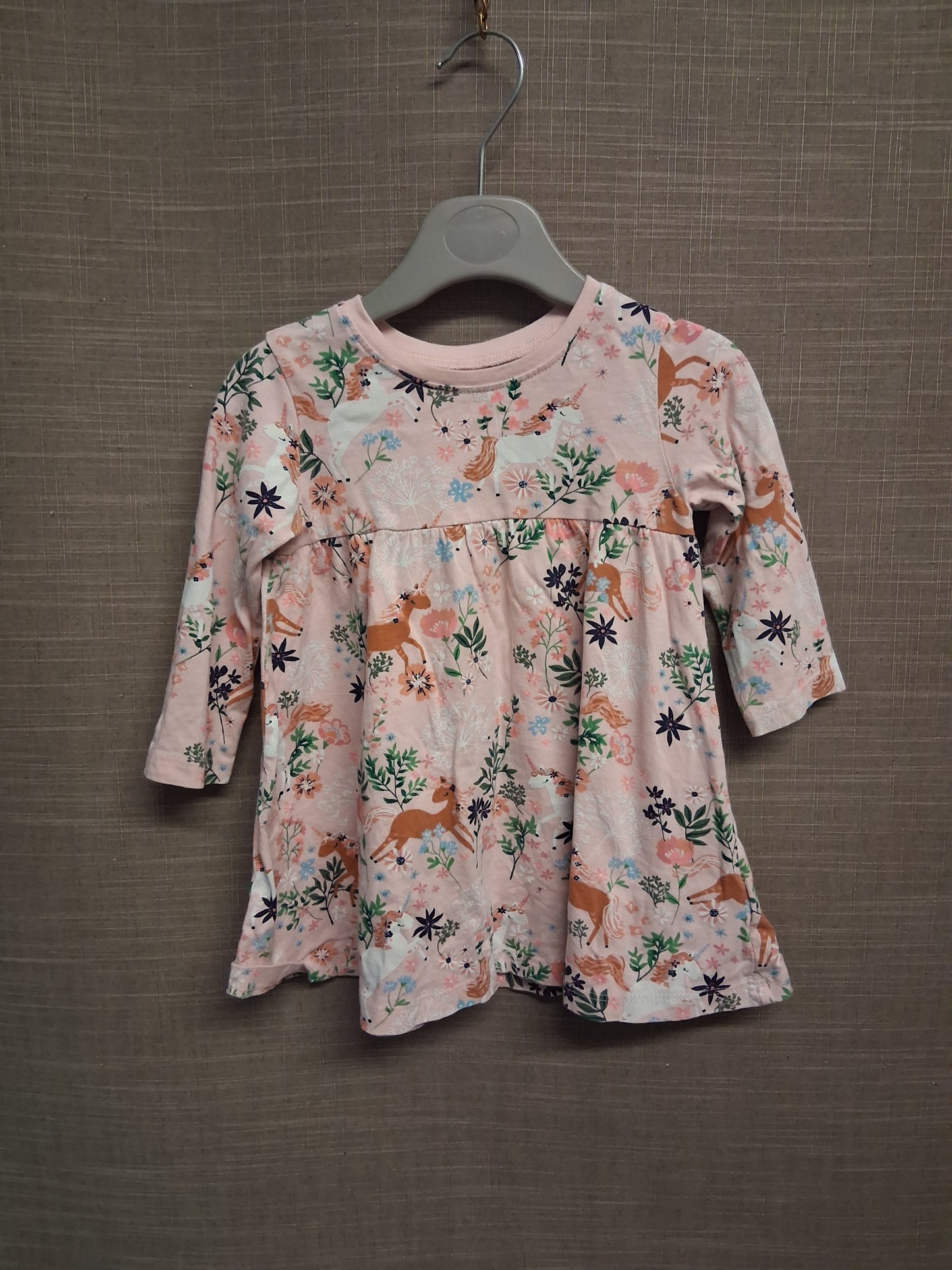 Next Girls Pink Floral Unicorn Jersey Dress Age 6-9 Months