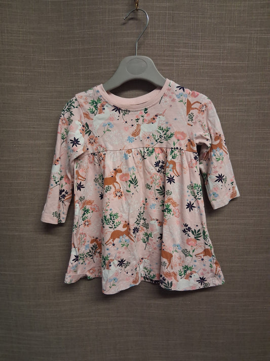 Next Girls Pink Floral Unicorn Jersey Dress Age 6-9 Months