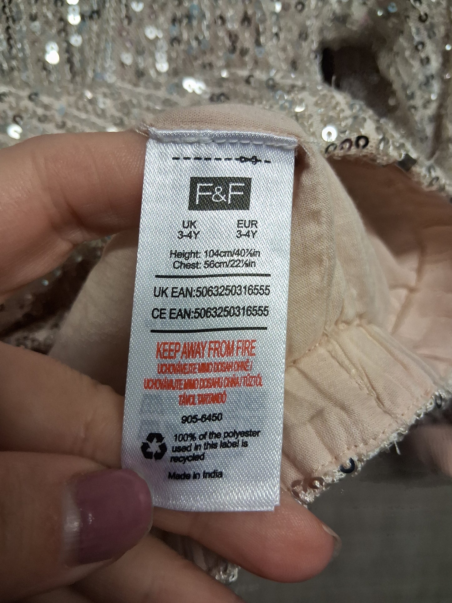 F&F Girls Sequin Sparkly Pink Silver Bomber Jacket Age 3-4 Years