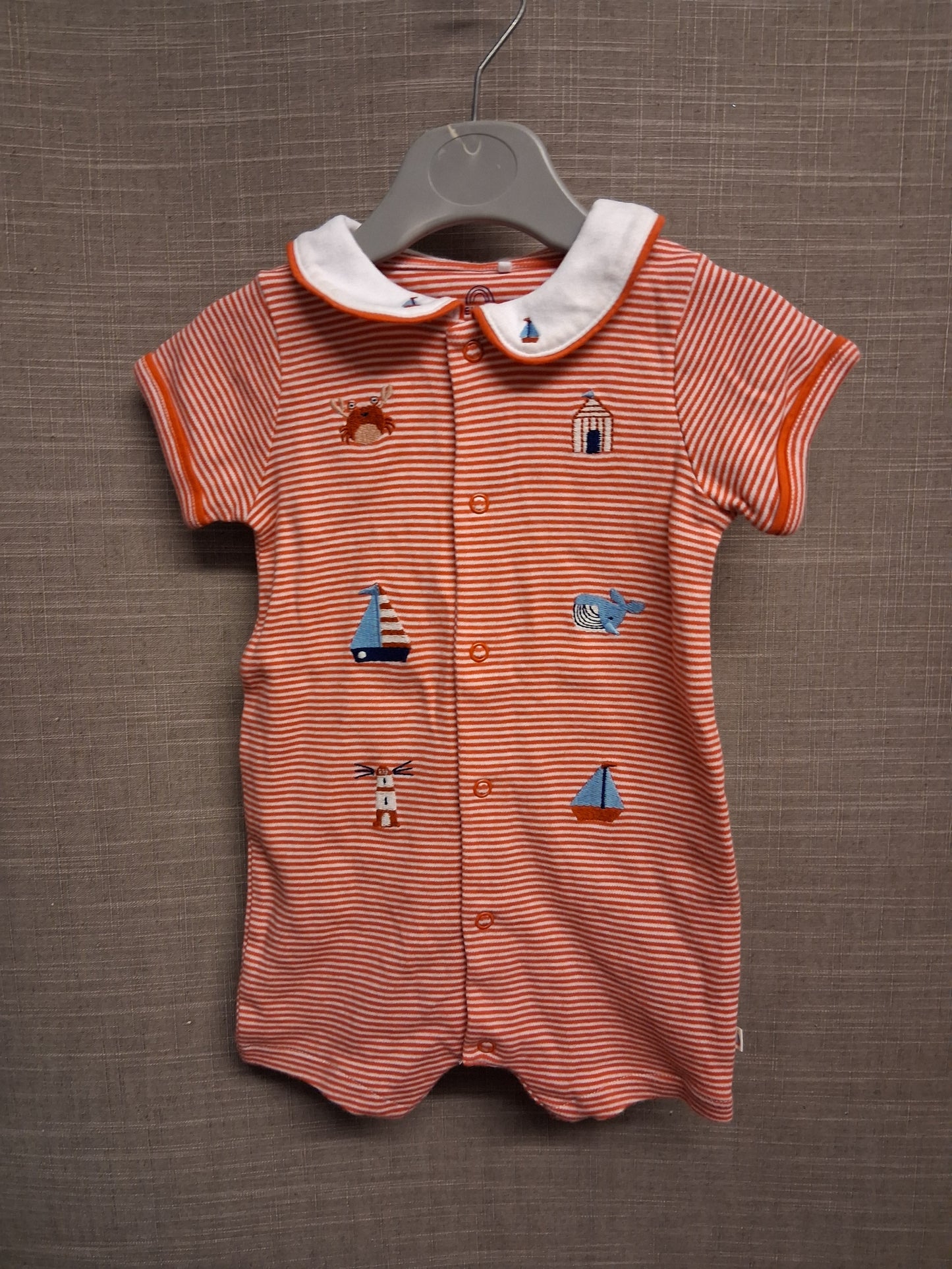 Next Boys Red Stripe Romper One Piece Nautical Embroidered Theme Age 6-9 Months