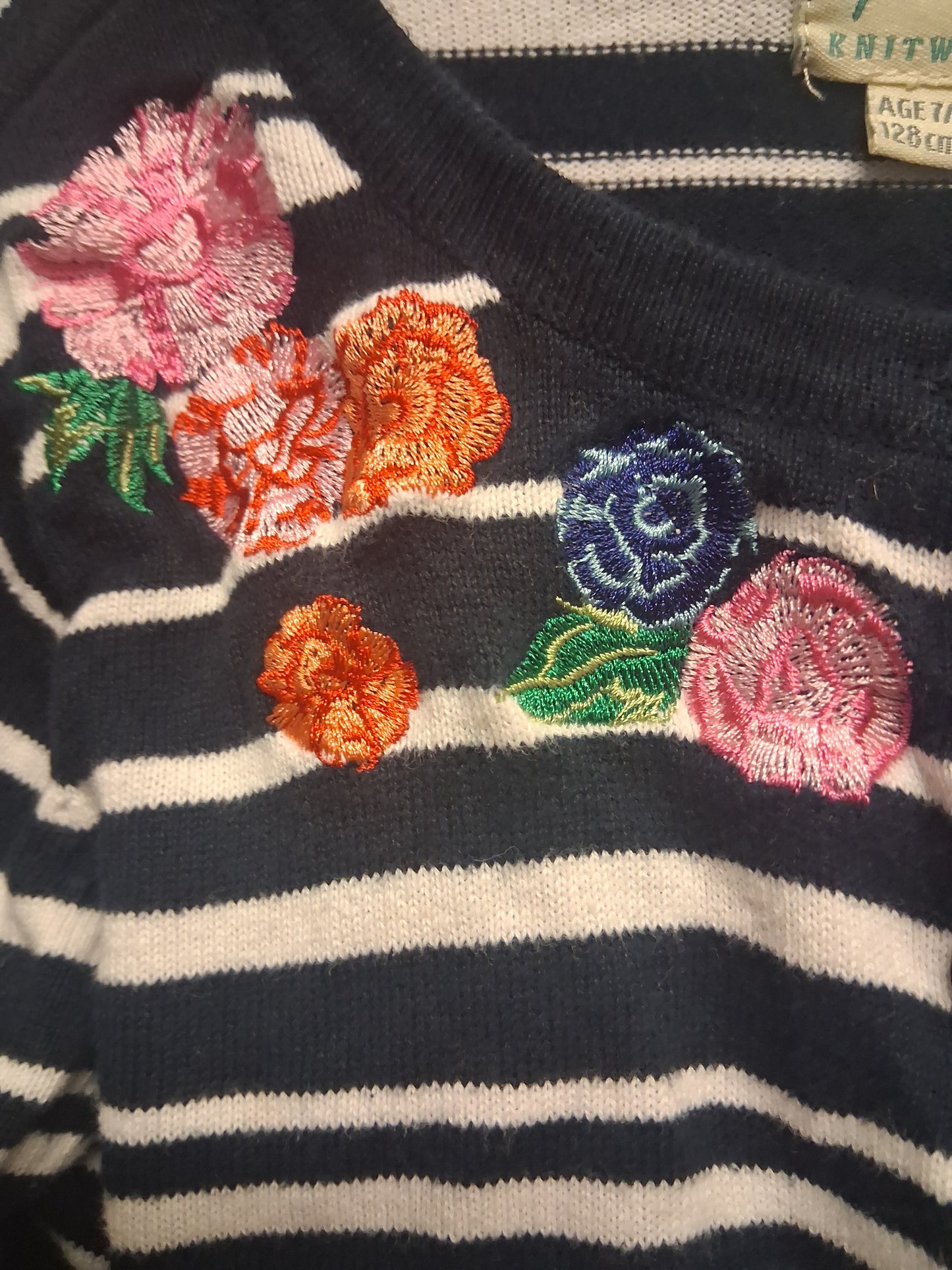 Yumi Girls Blue White Striped Embroidered Floral Cardigan Age 7-8 Years