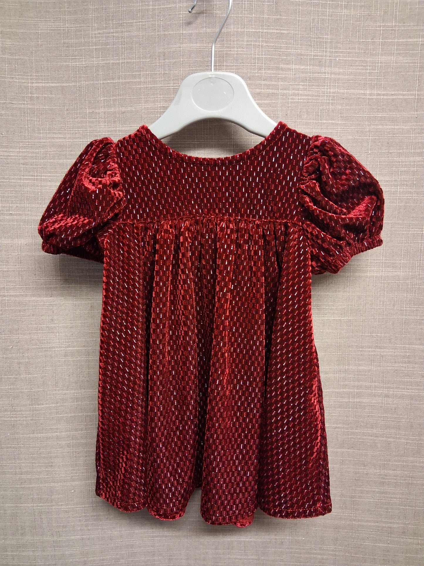 Next Girls Red Velour Dress Short Sleeve Gold Fleck Age 3-6 Months