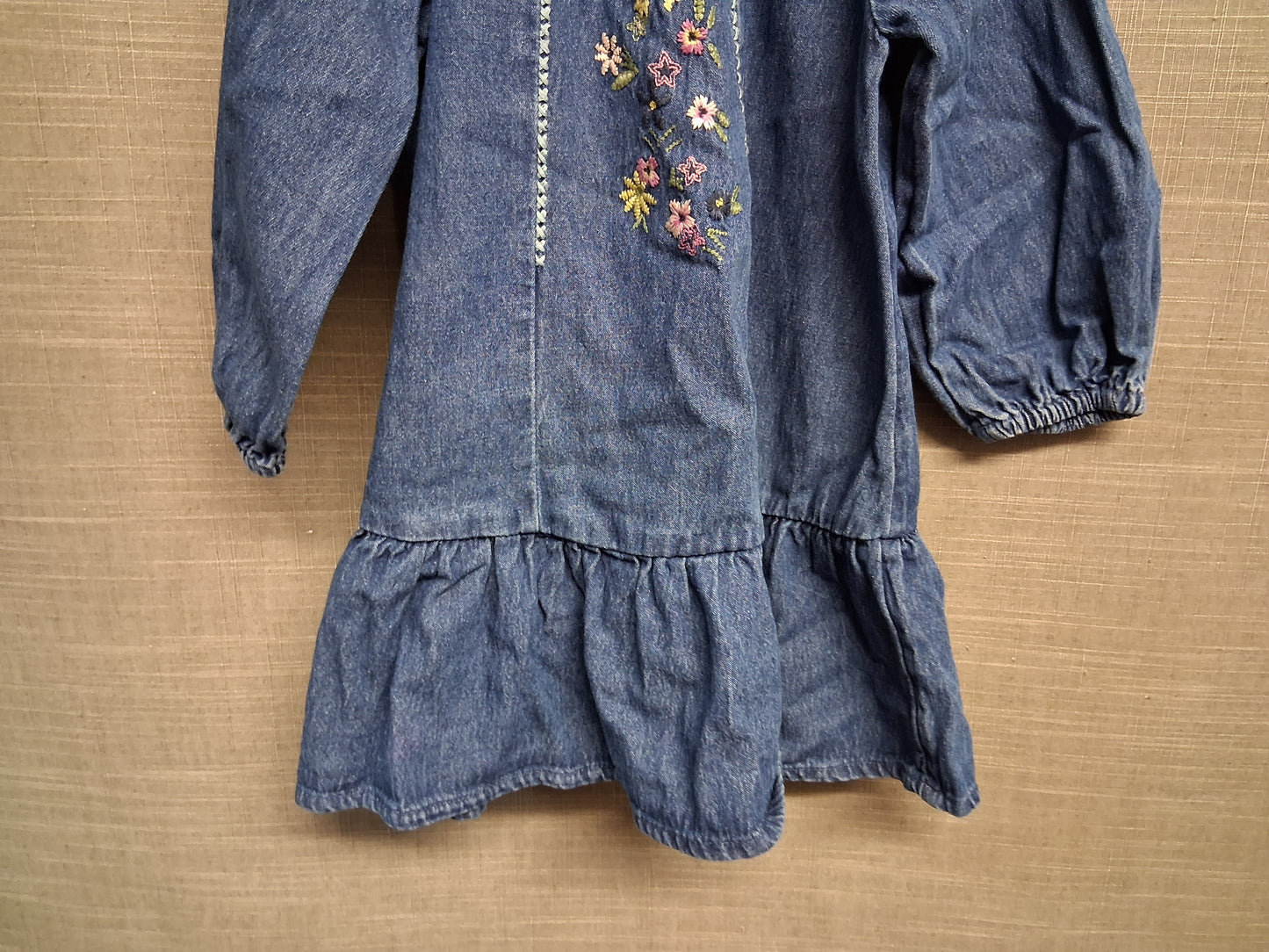 Marks & Spencer Girls Blue Denim Dress Age 2-3 Years Embroidered Floral Detail