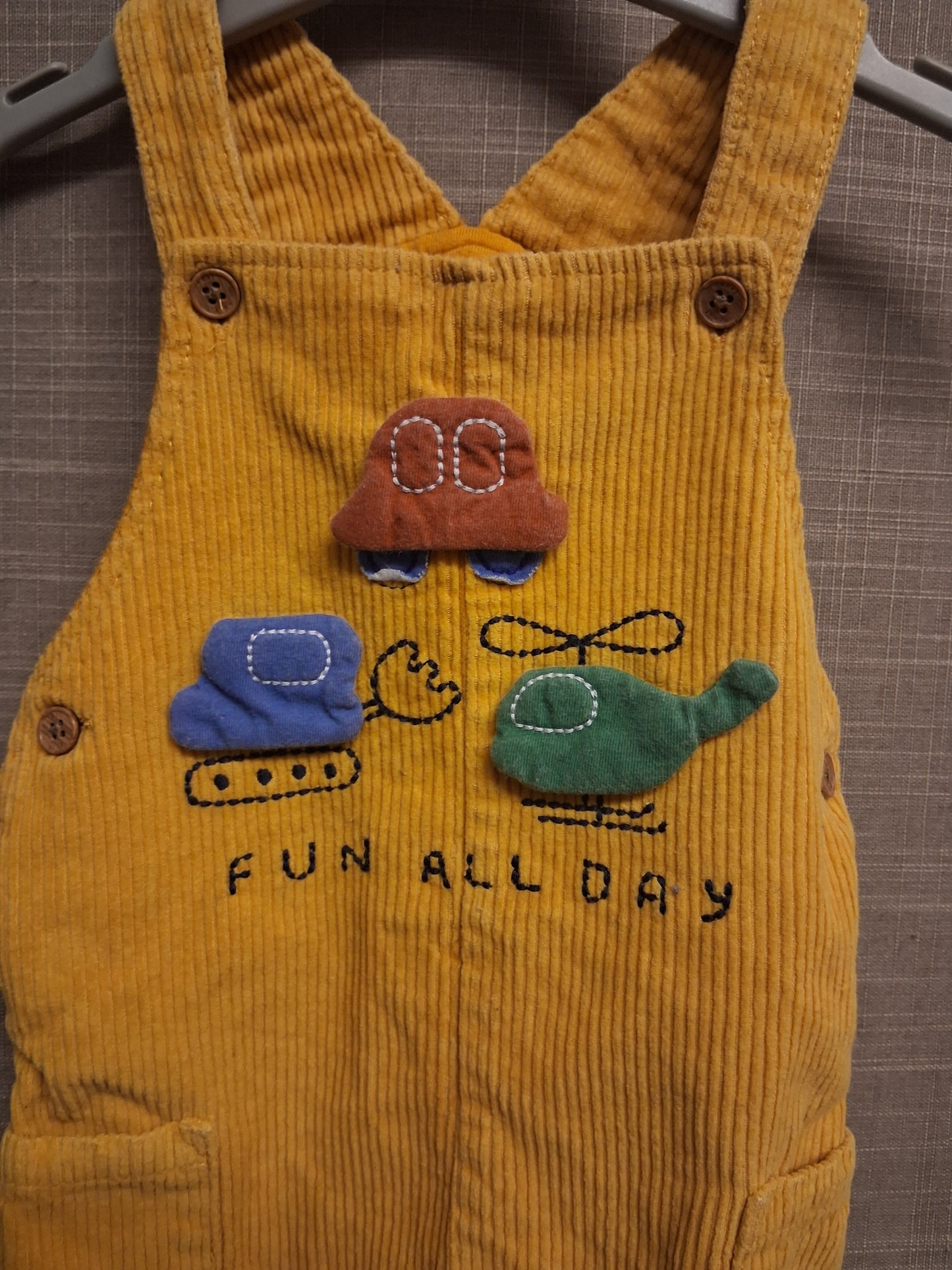 Next Boys Mustard Yellow Corduroy 3D Vehicles Graphic Dungarees Age 3-6 Months