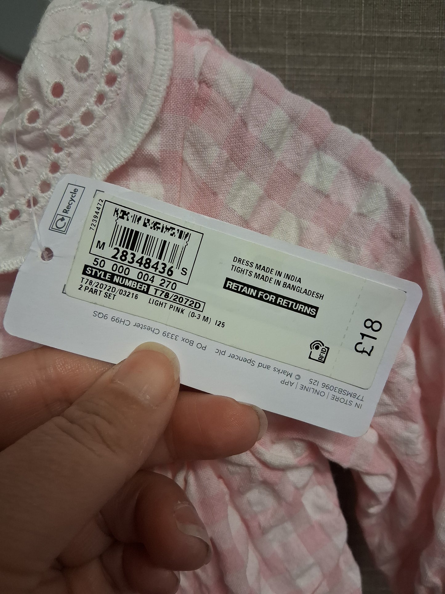 Marks & Spencer Pink White Check A Line Dress Age 0-3 Months New