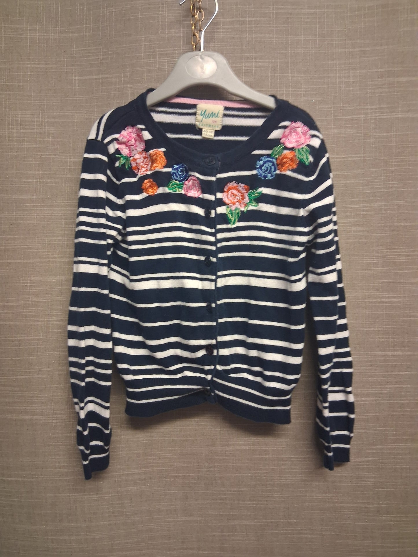 Yumi Girls Blue White Striped Embroidered Floral Cardigan Age 7-8 Years