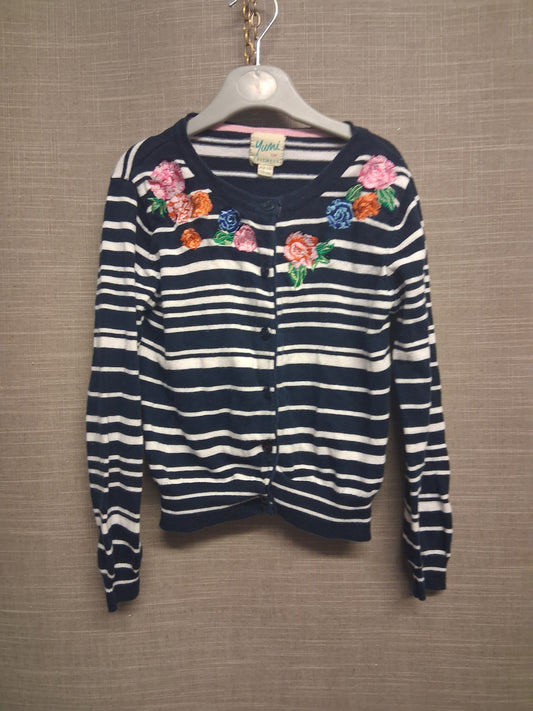 Yumi Girls Blue White Striped Embroidered Floral Cardigan Age 7-8 Years