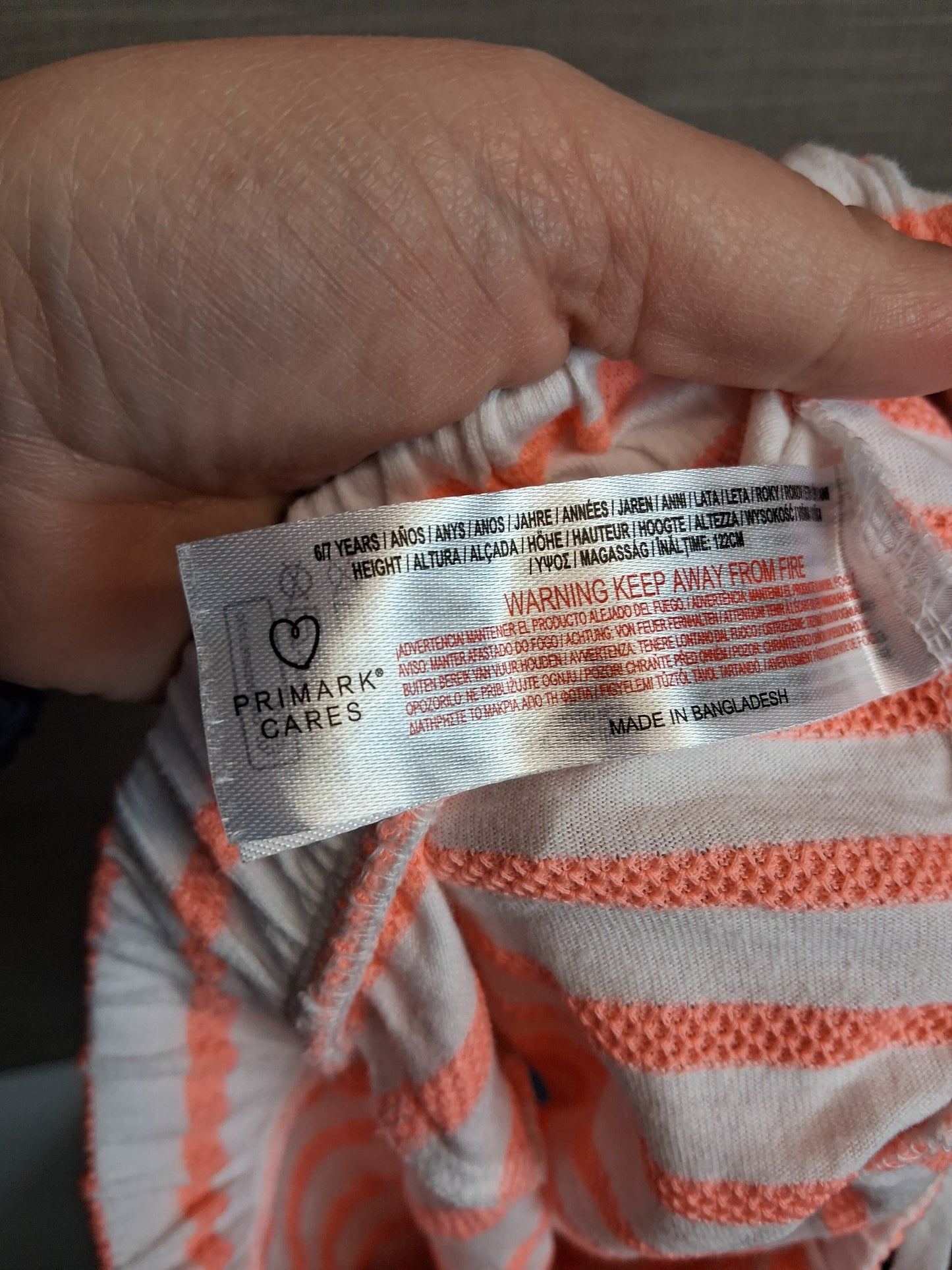 Primark Girls 2 Piece Outfit Age 6-7 Years Neon Orange and White Stripe Shorts & T-Shirt