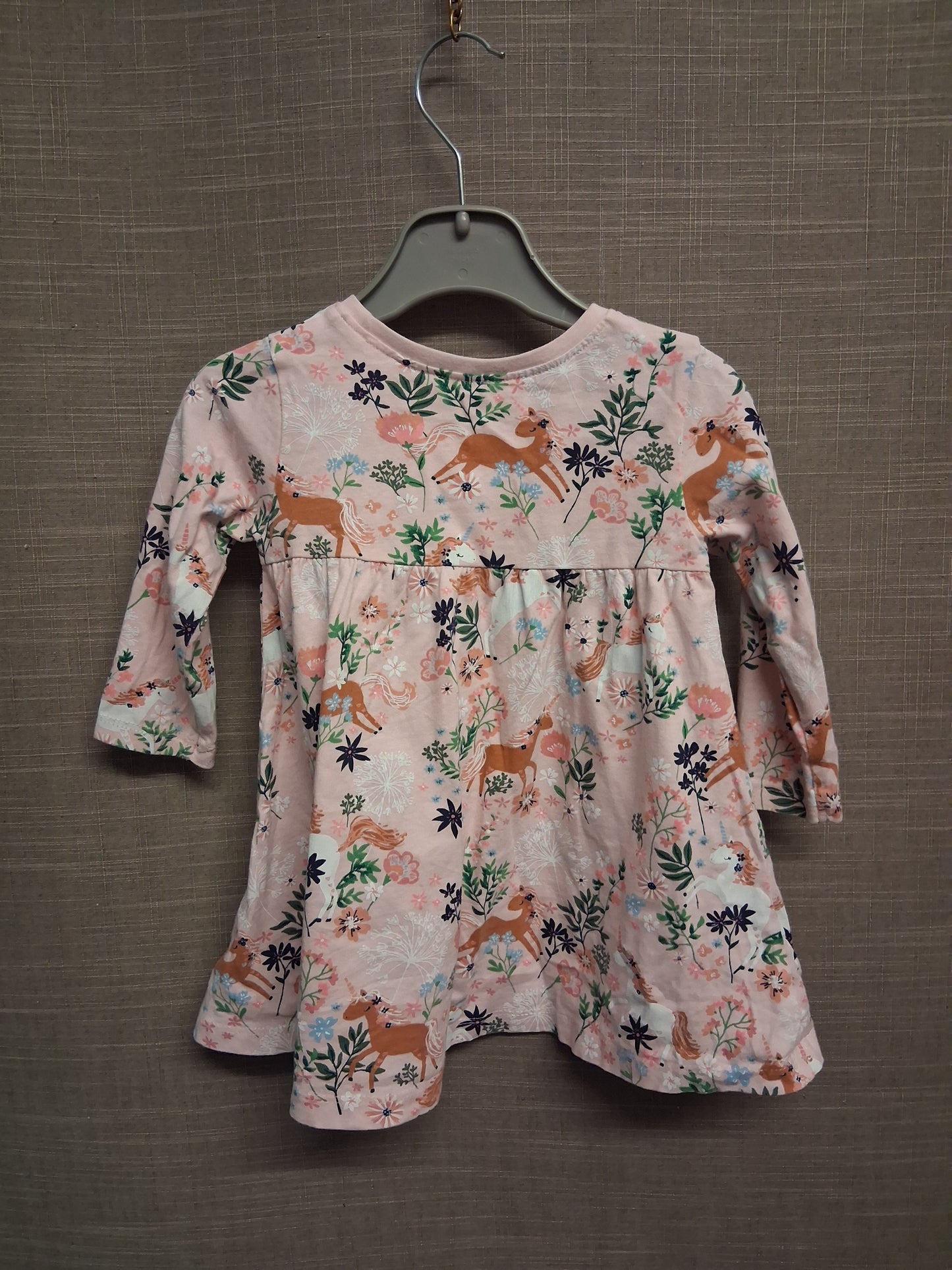Next Girls Pink Floral Unicorn Jersey Dress Age 6-9 Months