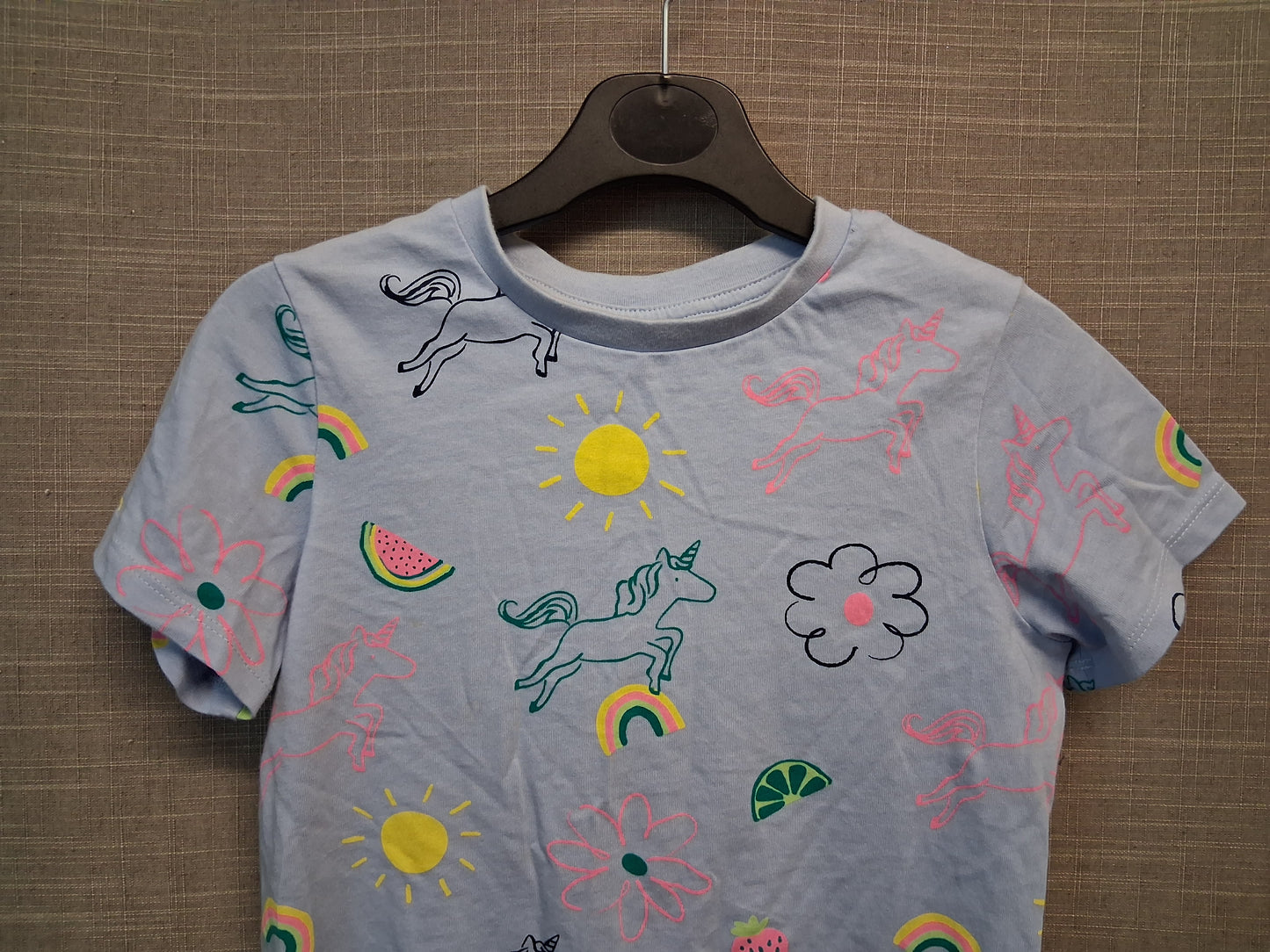 Marks & Spencer Blue Short Sleeve T-Shirt Unicorn & Rainbows Age 6-7 Years