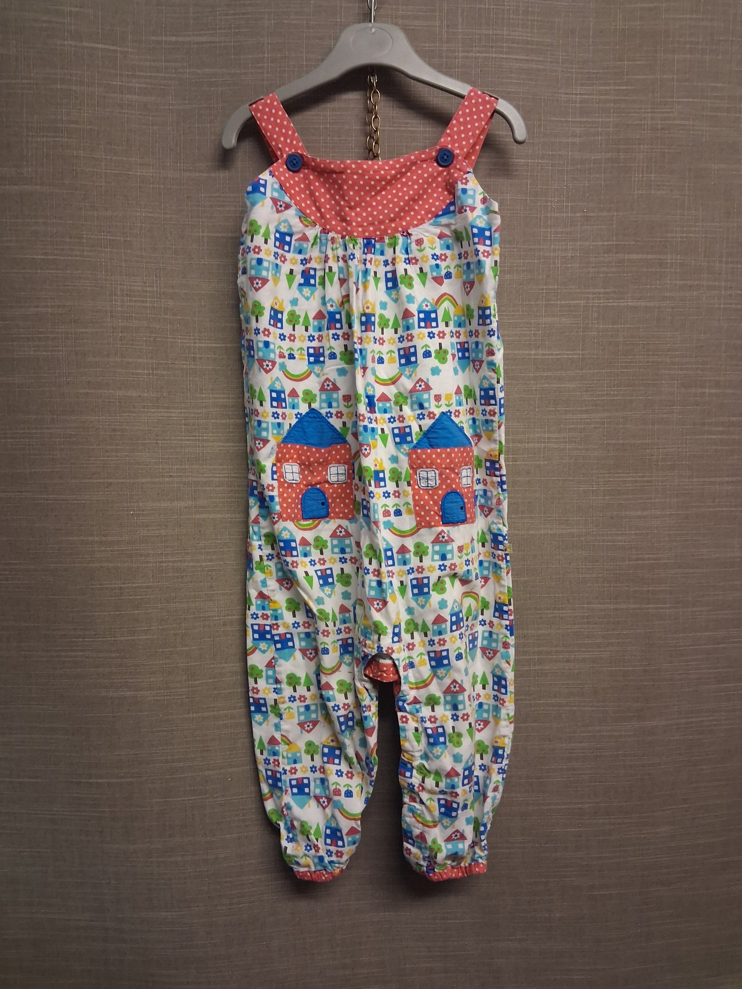 Frugi Girls Orangic Cotton Dungarees Multicolour House Print Age 2-3 Years