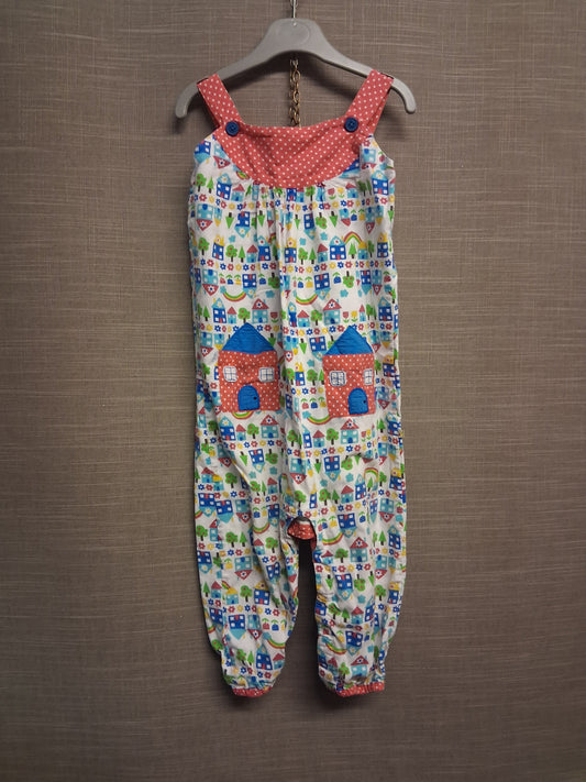 Frugi Girls Orangic Cotton Dungarees Multicolour House Print Age 2-3 Years