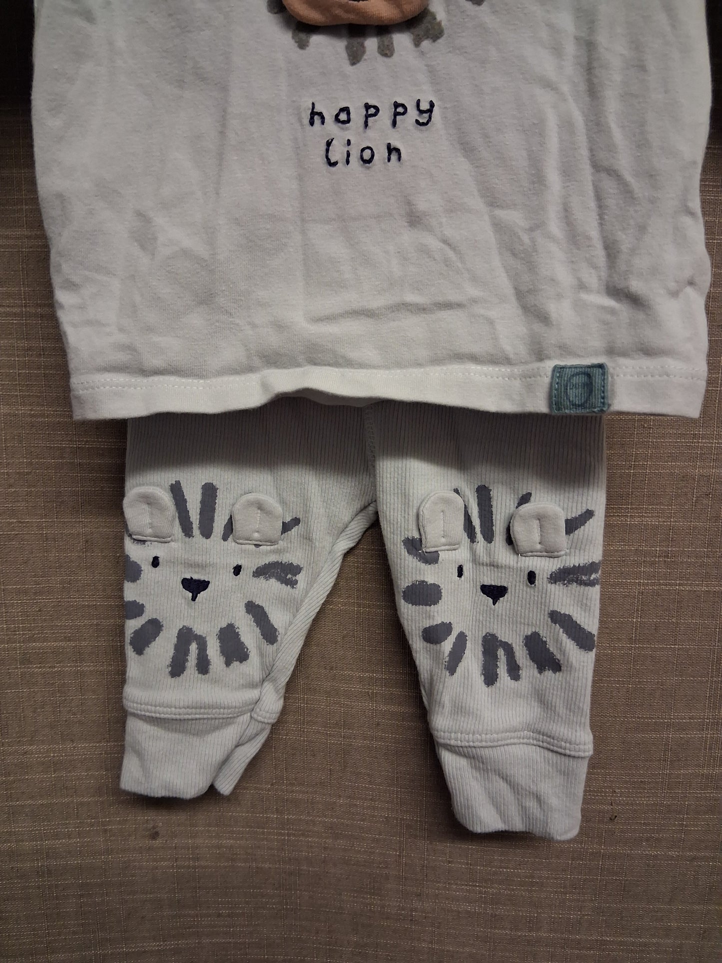 Next Boys Light Blue Lion 2 Piece Outfit Set Trousers and Long Sleeve Top Age 0-3 Months