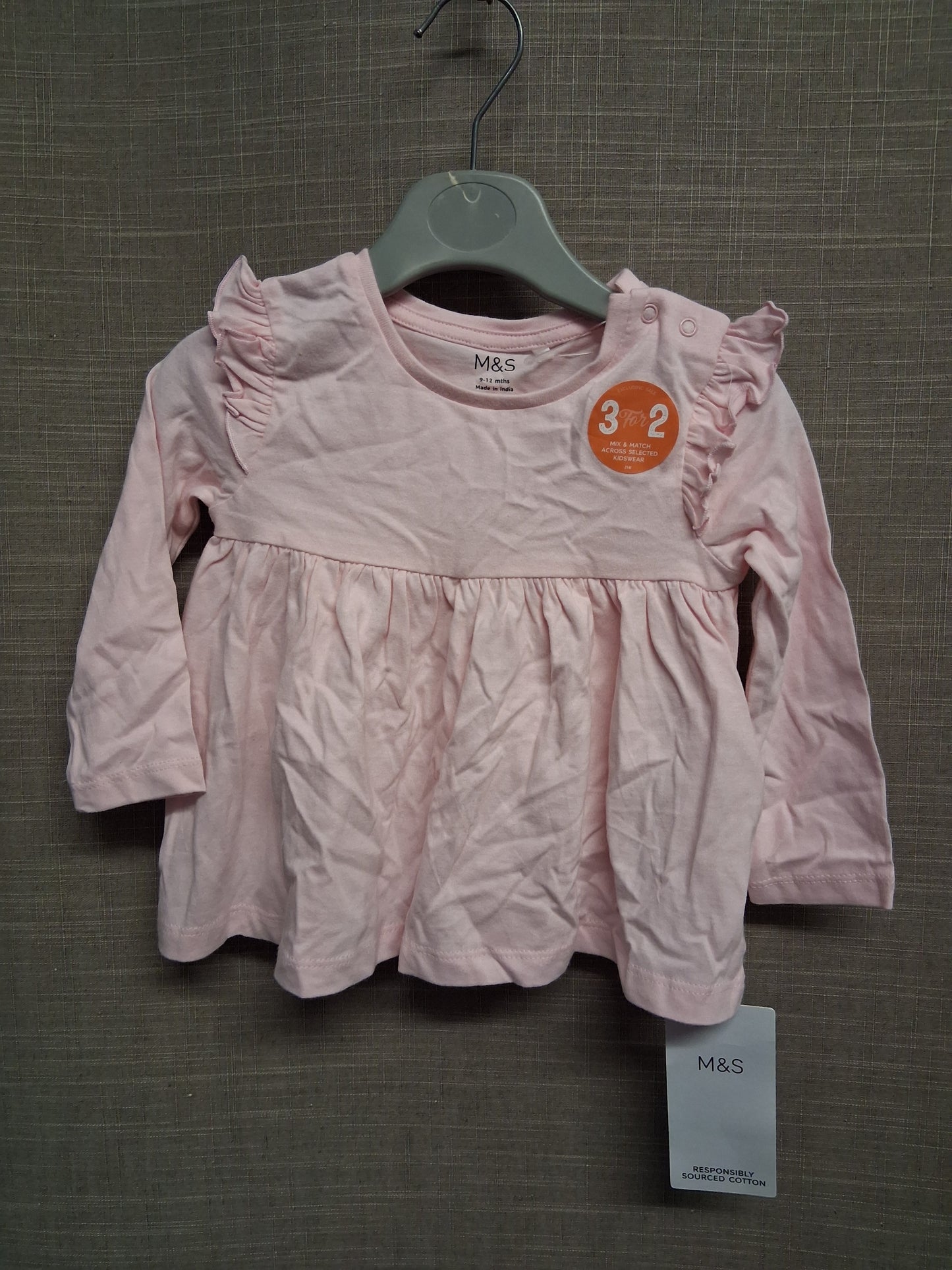 Marks and Spencer Pink Long Sleeve Jersey T-Shirt Age 9-12 Months New