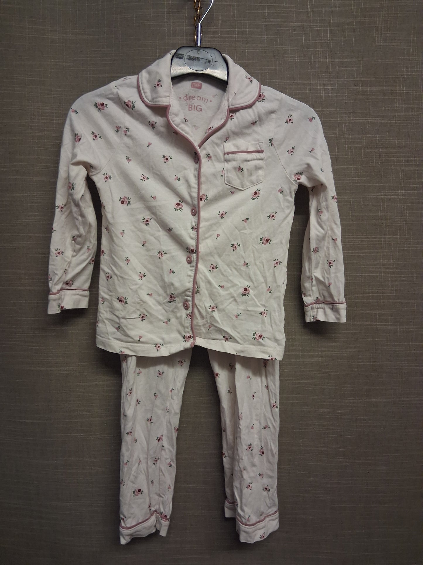 F&F Girls Pale Pink Floral 2 Piece PJs Pyjamas Set Age 4-5 Years