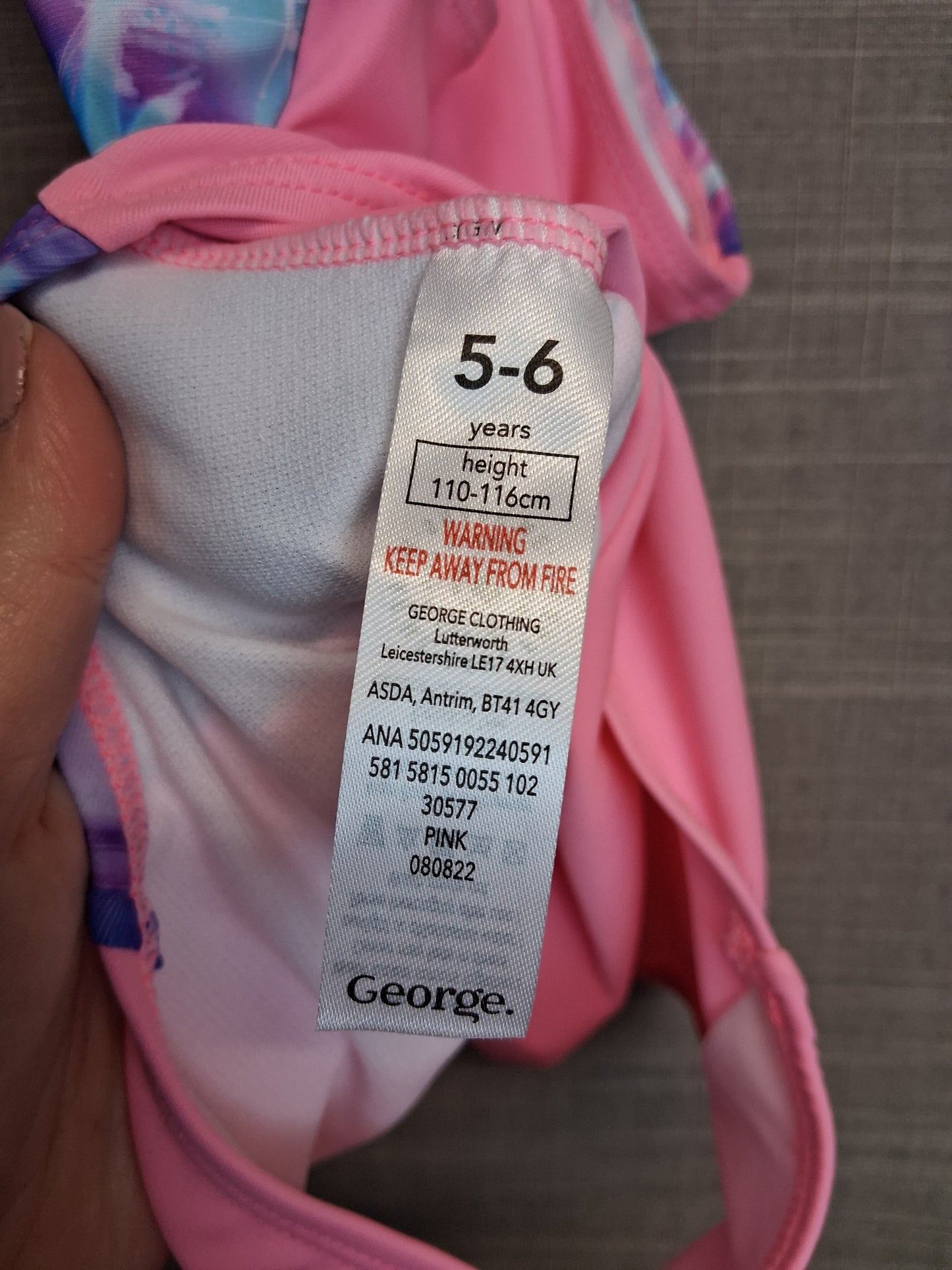 George Girls Swimsuit Pink One Piece Age 5-6 Years