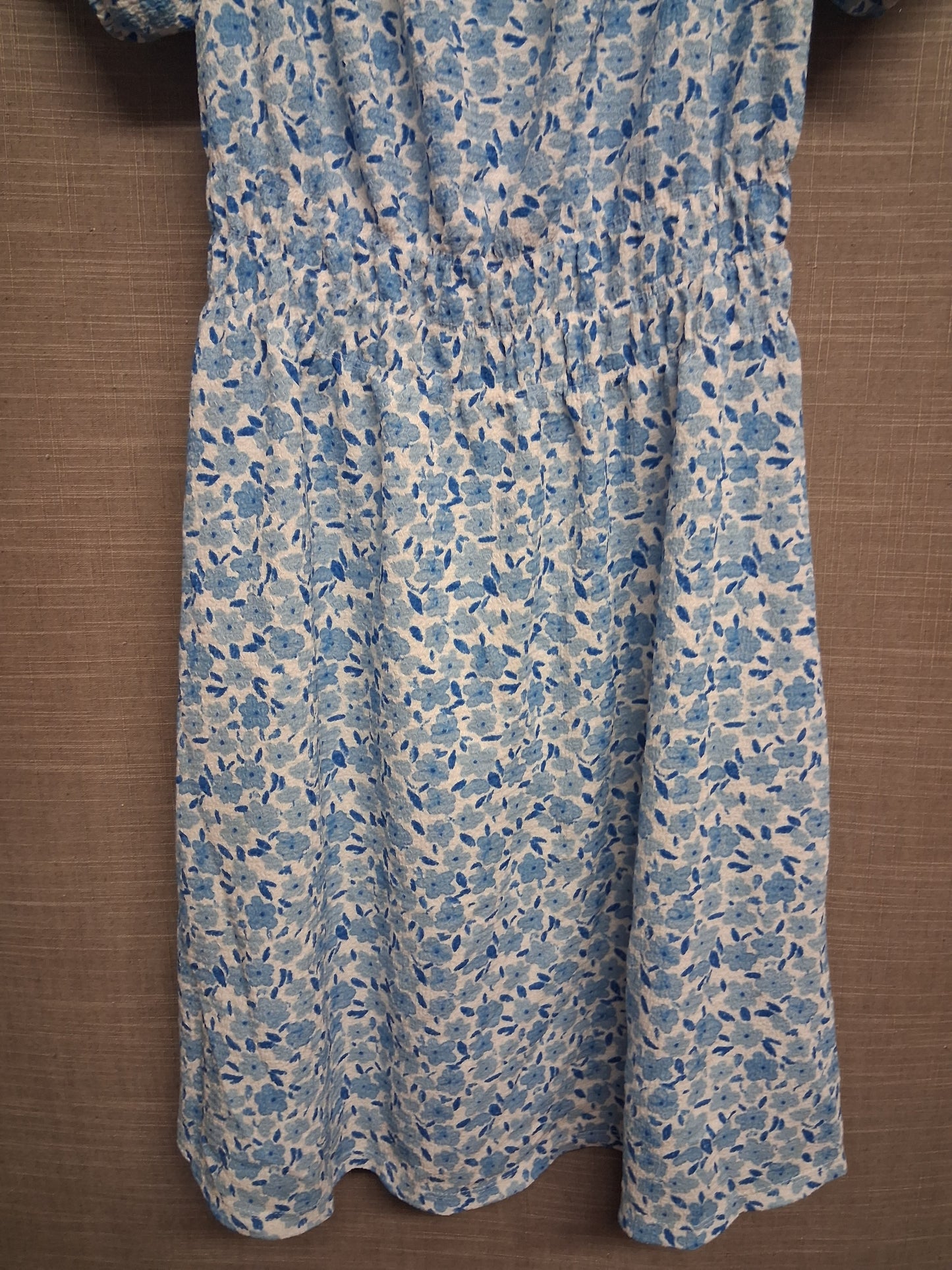 Primark Girls Blue White Floral A Line Dress Off the Shoulder Puff Sleeve Age 13-14 Years
