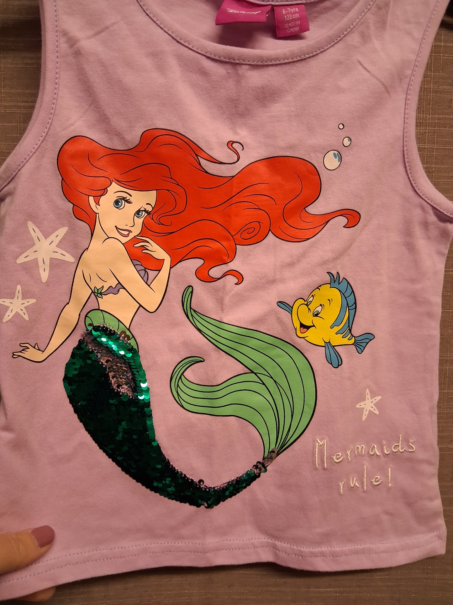 Primark Disney Princess Ariel Tank Vest Top Lilac 2 Way Sequin Age 6-7 Years