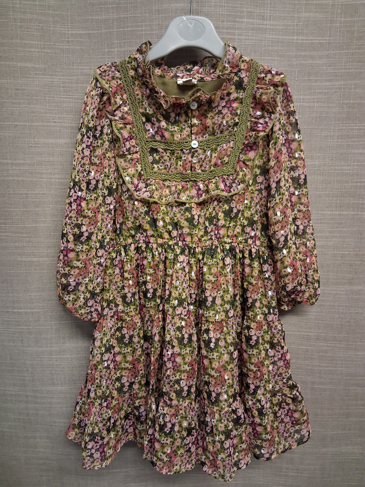 River Island Girls Green Floral Sheer Sleeve Dress Age 4-5 Years