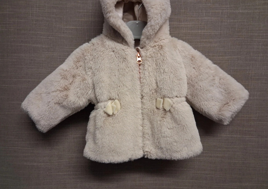 Nutmeg Girls Faux Fur Beige Coat  with Hood Age 0-3 Months