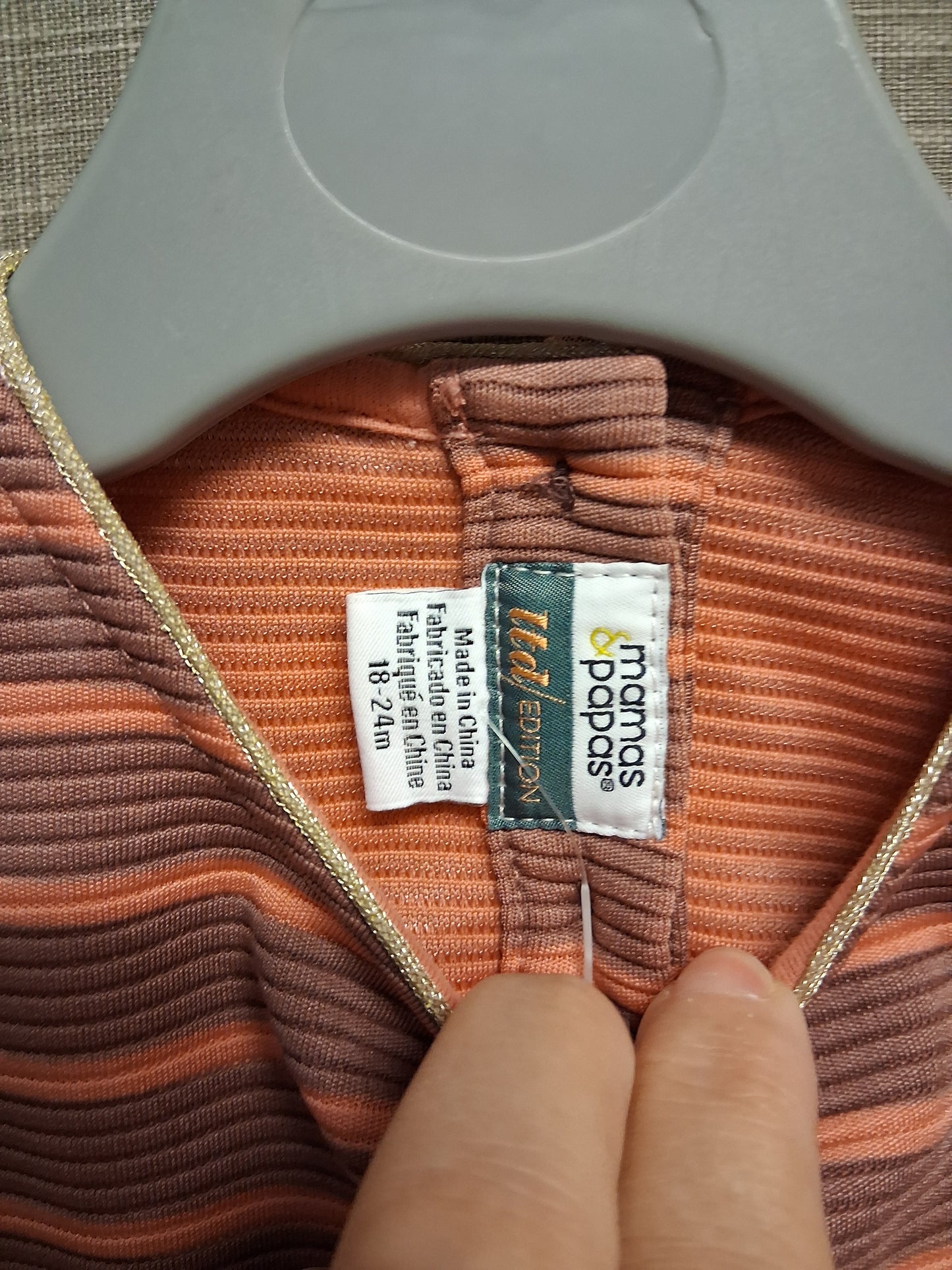 Mamas & Papas Dusky Pink Gold Stripe Long Sleeve Drop Waist Dress Age 18-24 Months