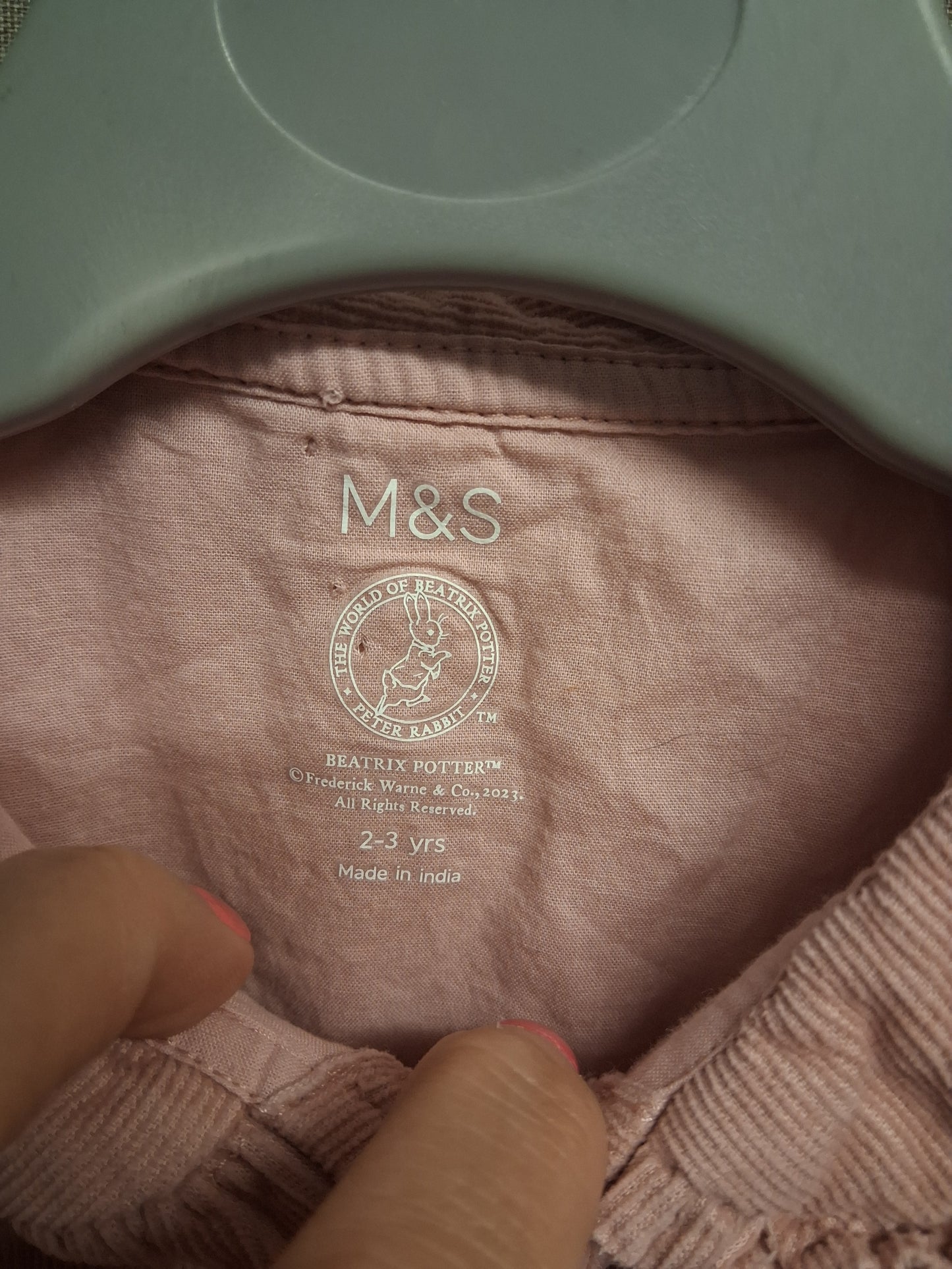 Marks and Spencer Peter Rabbit Corduroy Pink Long Sleeve Dress Age 2-3 Years