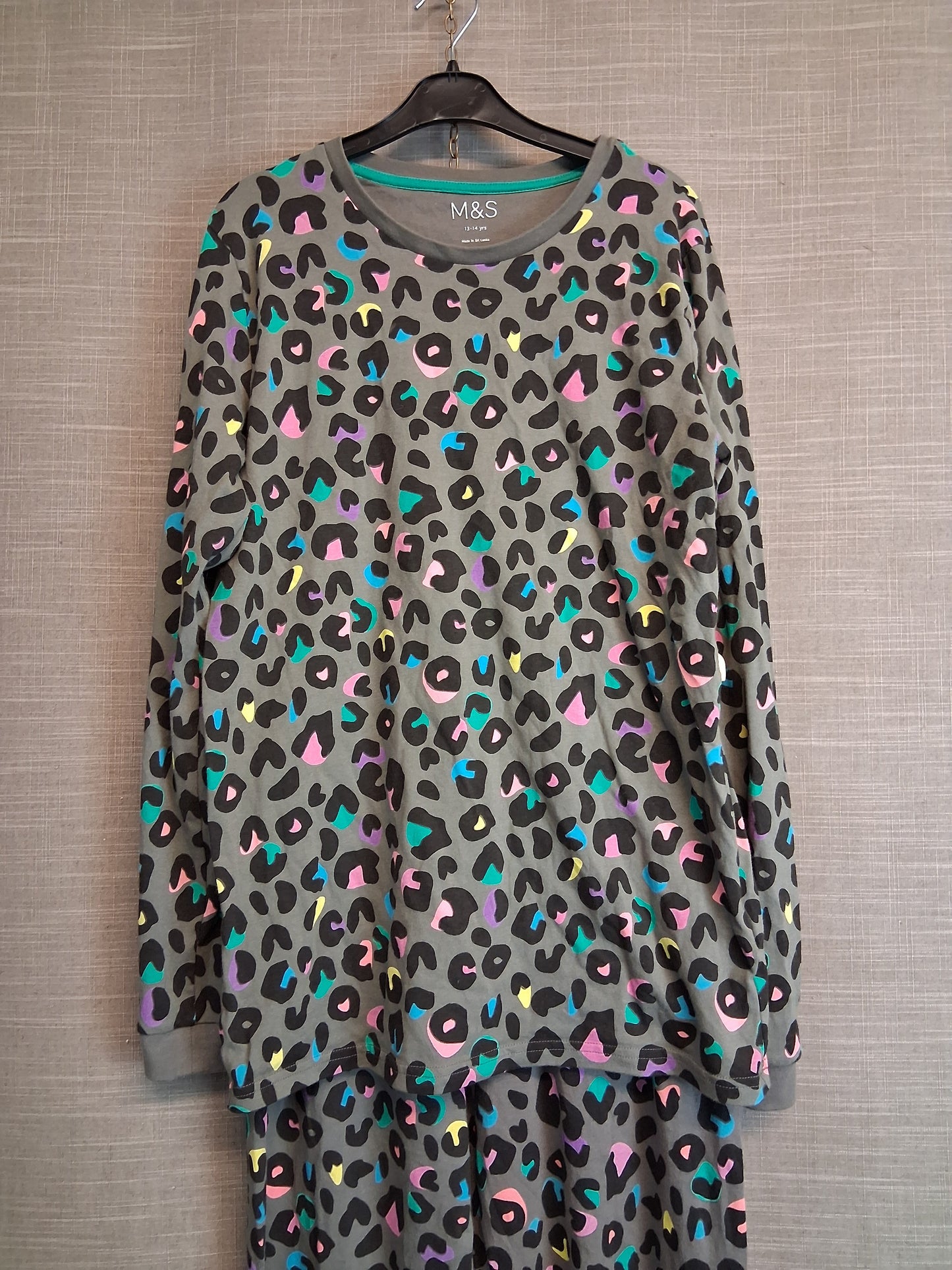 Marks & Spencer Girls Multicolour Leopard Print Pyjamas Set Age 13-14 Years