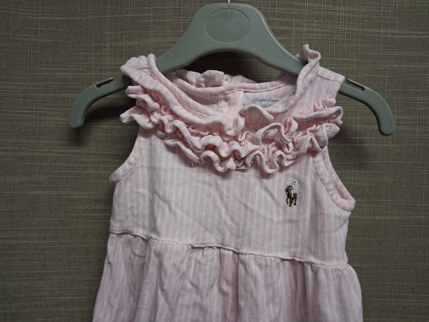 Ralph Lauren Girls Pink White Striped Frilly Romper Age 12-18 Months