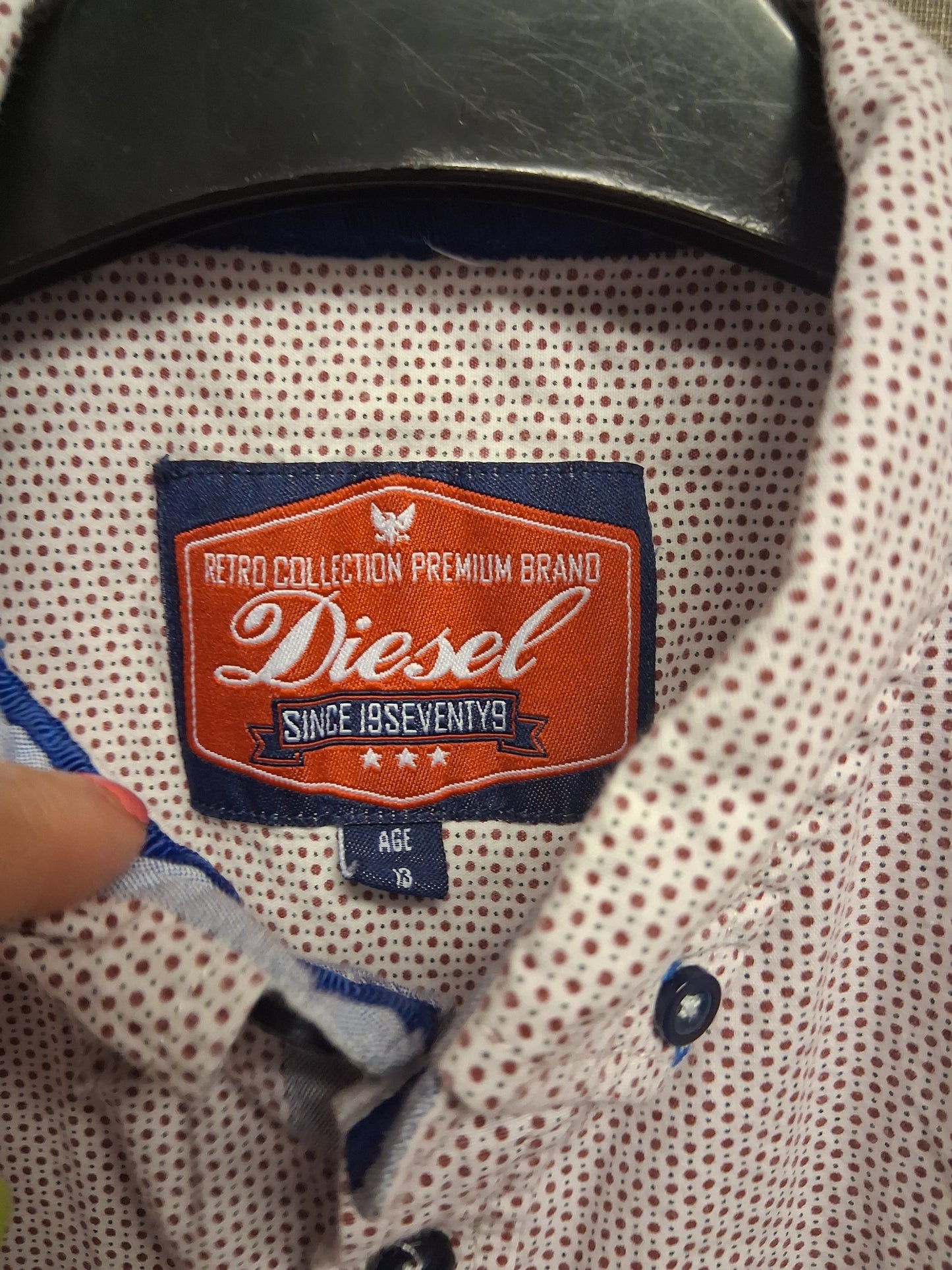 Diesel Boys Short Sleeve Shirt White Burgundy Spotty Shirt Age 13 Years