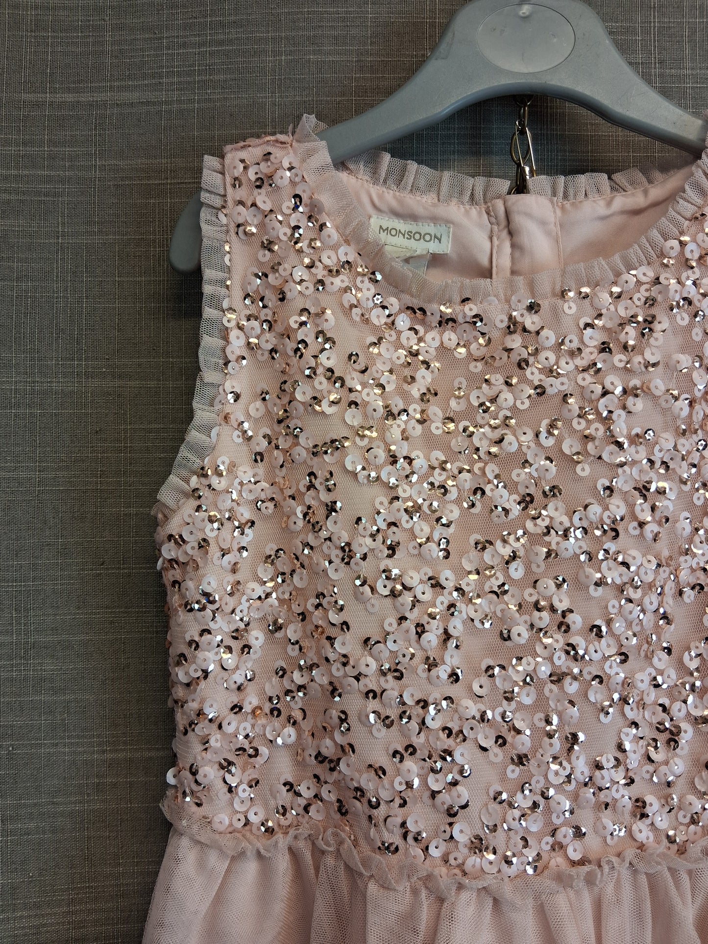 Monsoon Girls Peach Sleeveless Party Dress Sequins Age 7 Year