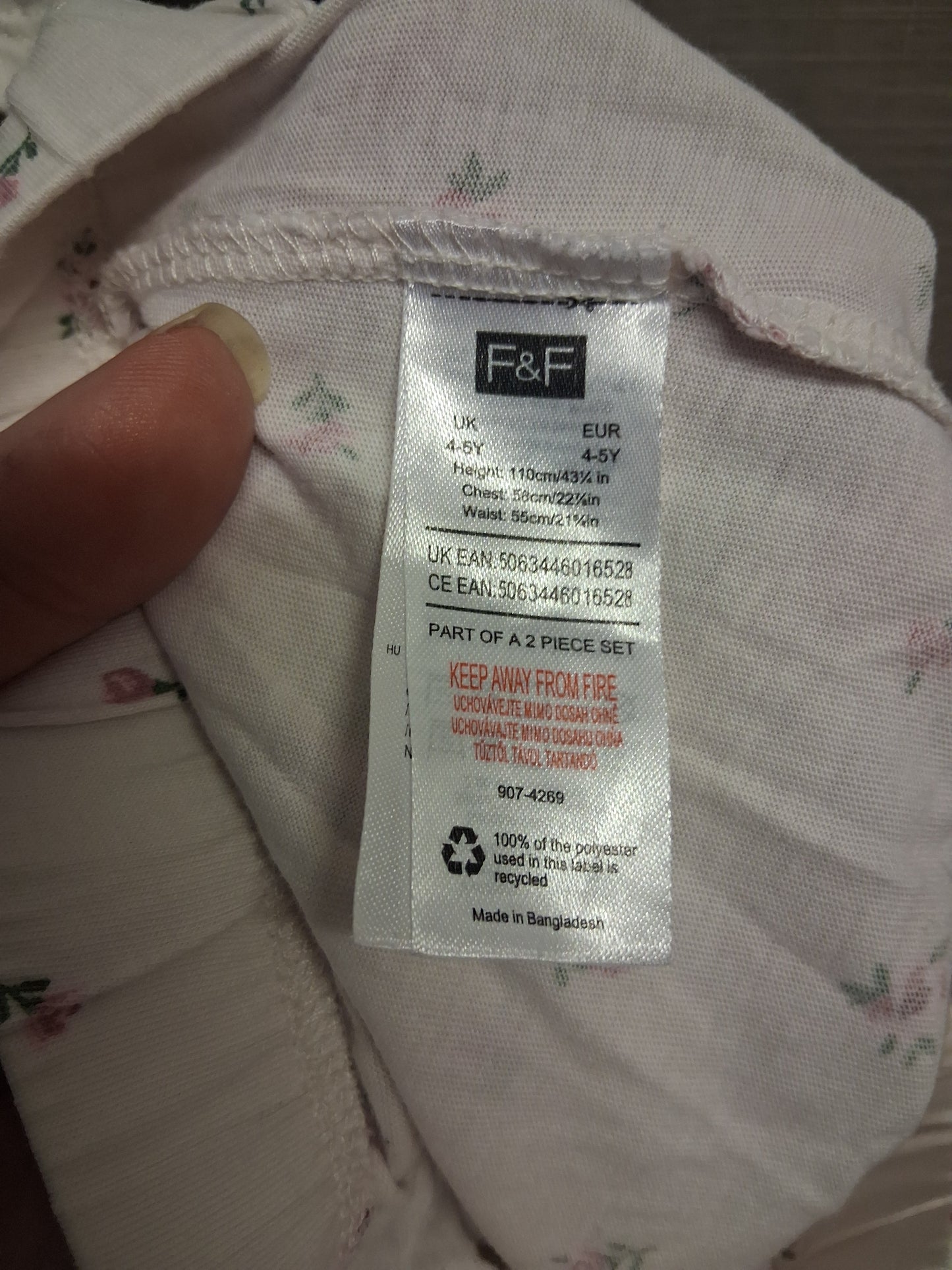 F&F Girls Pale Pink Floral 2 Piece PJs Pyjamas Set Age 4-5 Years