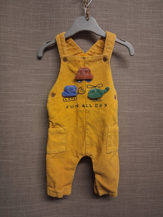 Next Boys Mustard Yellow Corduroy 3D Vehicles Graphic Dungarees Age 3-6 Months