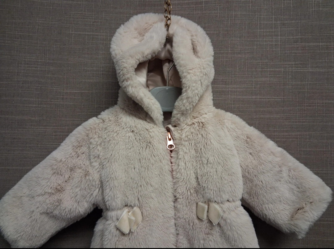 Nutmeg Girls Faux Fur Beige Coat  with Hood Age 0-3 Months