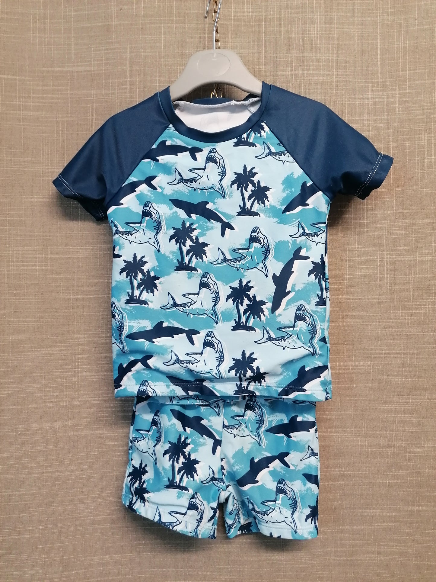 Shein Boys UV 2 Piece Swimsuit Age 4 Year Blue Camouflage Print