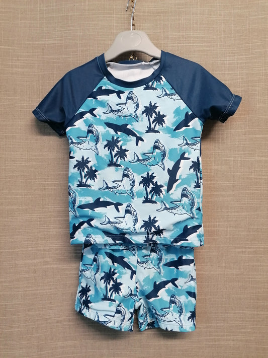 Shein Boys UV 2 Piece Swimsuit Age 4 Year Blue Camouflage Print