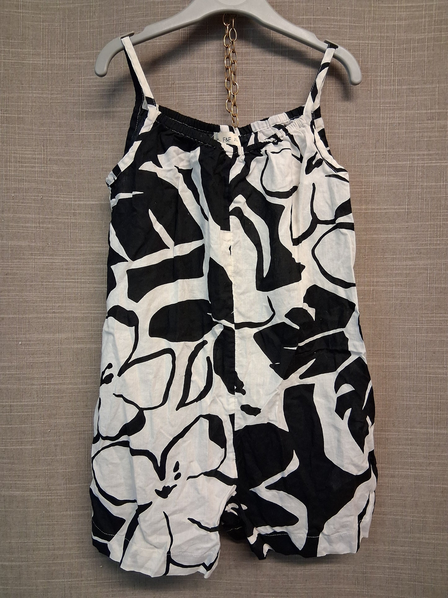 F&F Black White Floral Playsuit 100% Cotton Sleeveless Age 6-7 Years