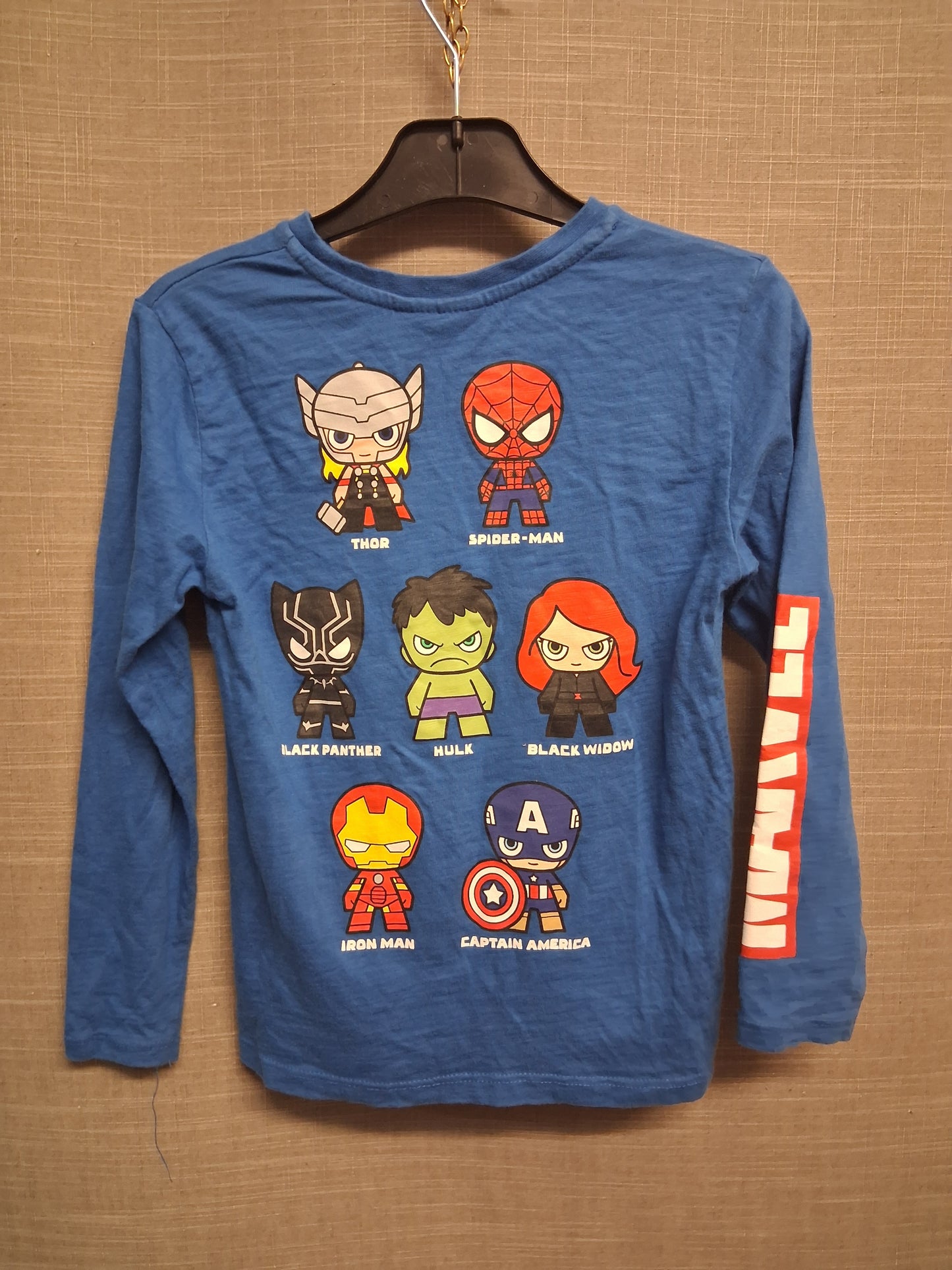 Primark T-Shirt Long Sleeve Blue Marvel Graphic on Back Age 6-7 Years