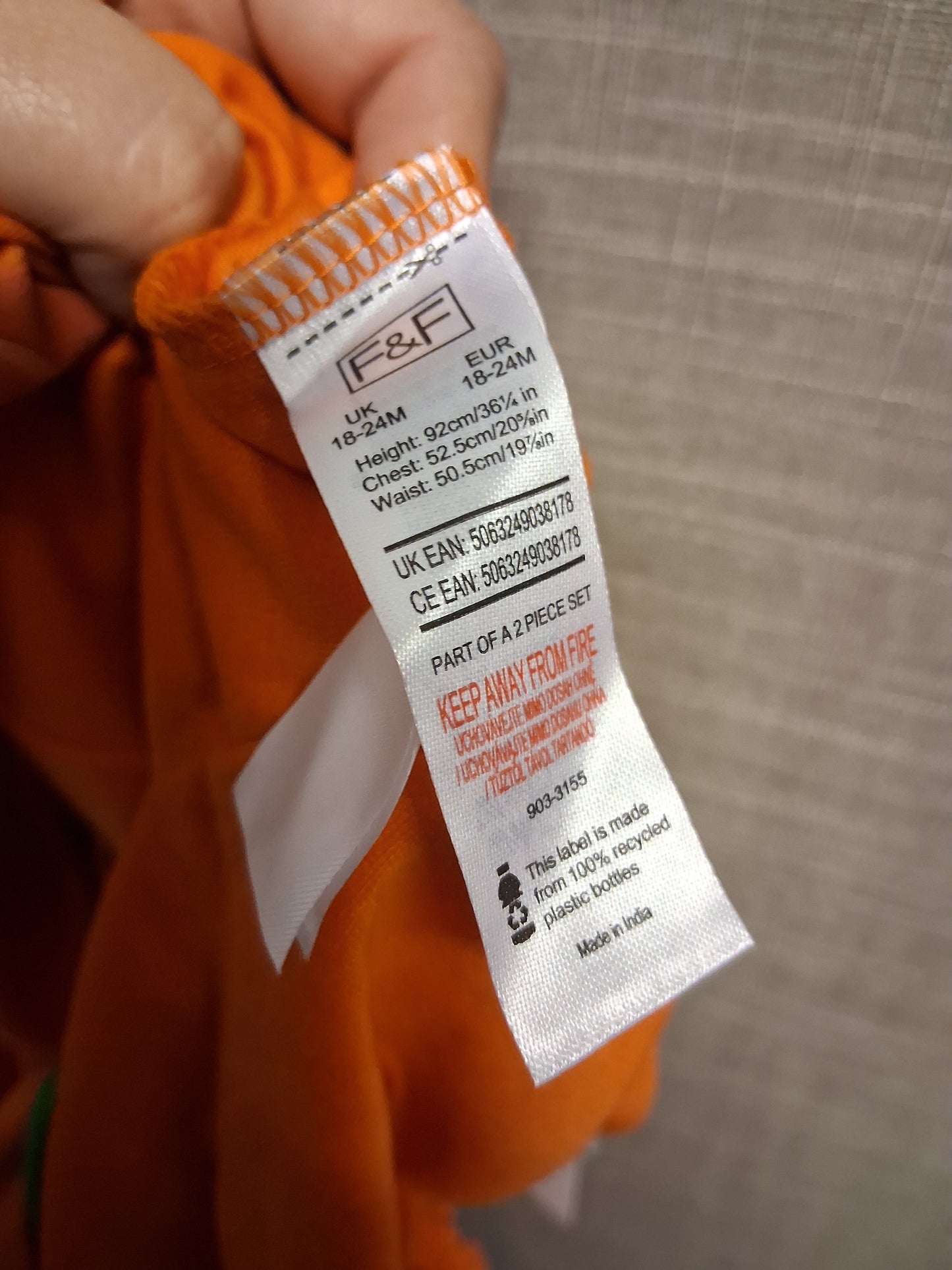 F&F Boys Pumpkin Sleepsuit Outfit With Hat Orange Age 18-24 Months New