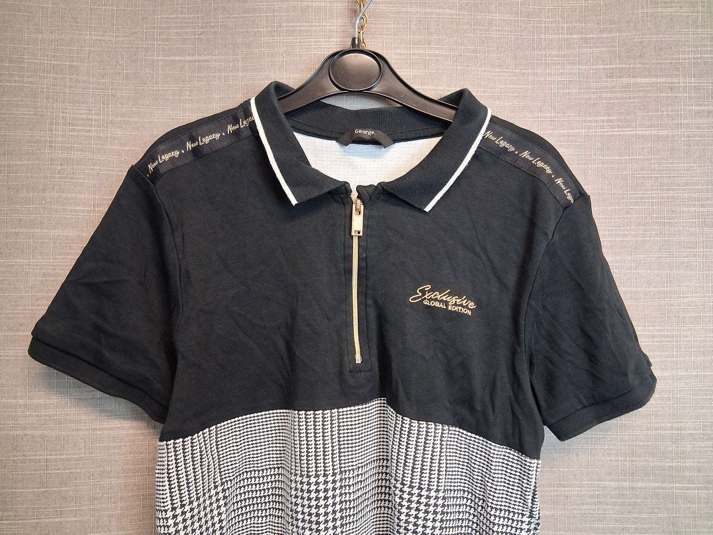 George Boys Polo T-Shirt Black Grey Check Age 12-13 Years
