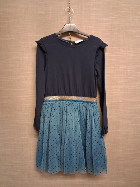 Fat Face Girls Jersey Dress Mesh Skirt Teal/Blue Age 9-10 Years