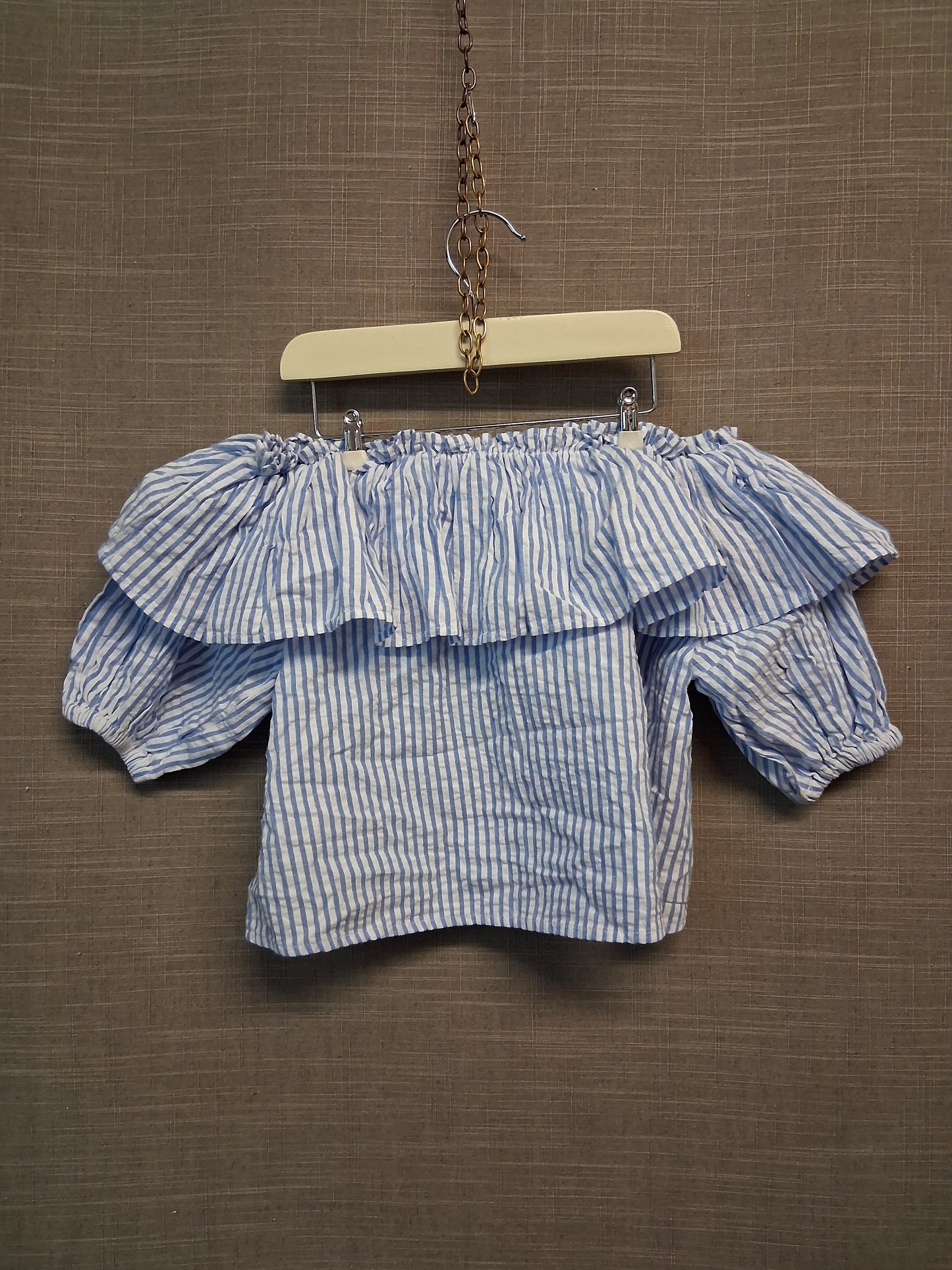 Next Girls Off the Shoulder Top Blue White Striped Ruffle Age 5-6  Years